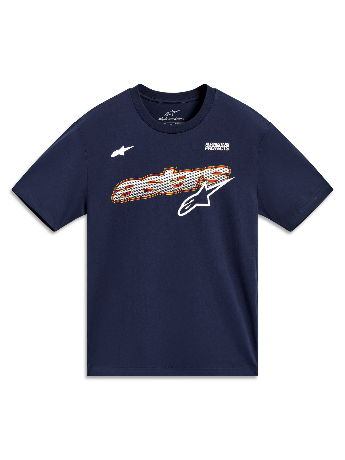 Alpinestars Cypress CSF T-Shirt, Kurzarm-Oberteil in Marineblau mit Astars-Grafik in Mesh-Optik und Alpinestars Protects Motto, lässige Motorsport-Sportswear
