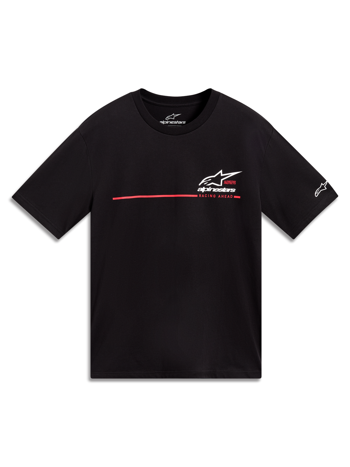 Alpinestars P1 CSF T-Shirt, Kurzarm-T-Shirt in Schwarz mit weißem Astars-Logo, rotem Rennstreifen und Racing Ahead-Grafik, lässige Motorsport-Streetwear.