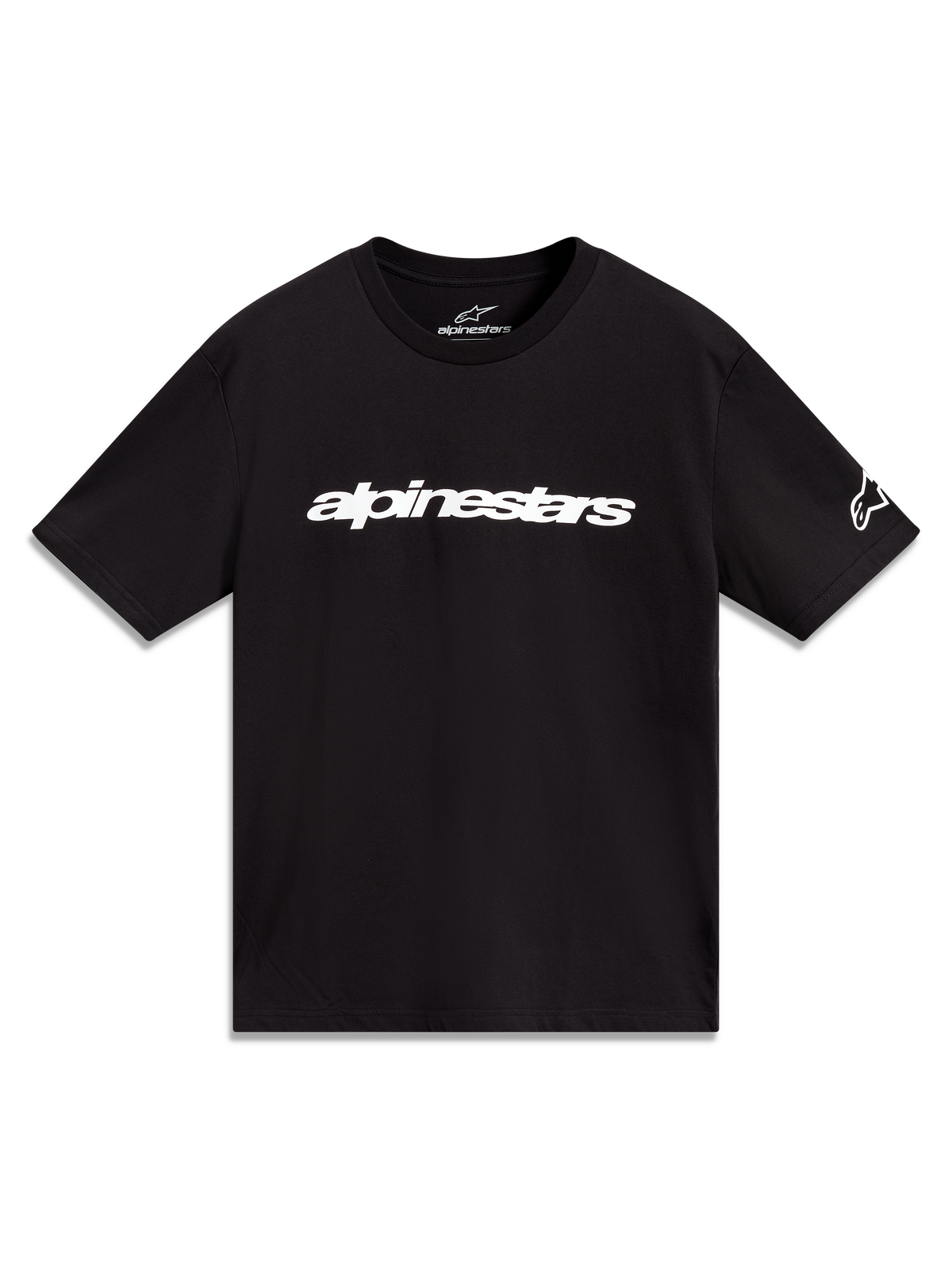 Alpinestars Race Wordmark CSF Tee, schwarzes Kurzarm-T-Shirt mit weißem linearem Logo und Ärmelgrafik.