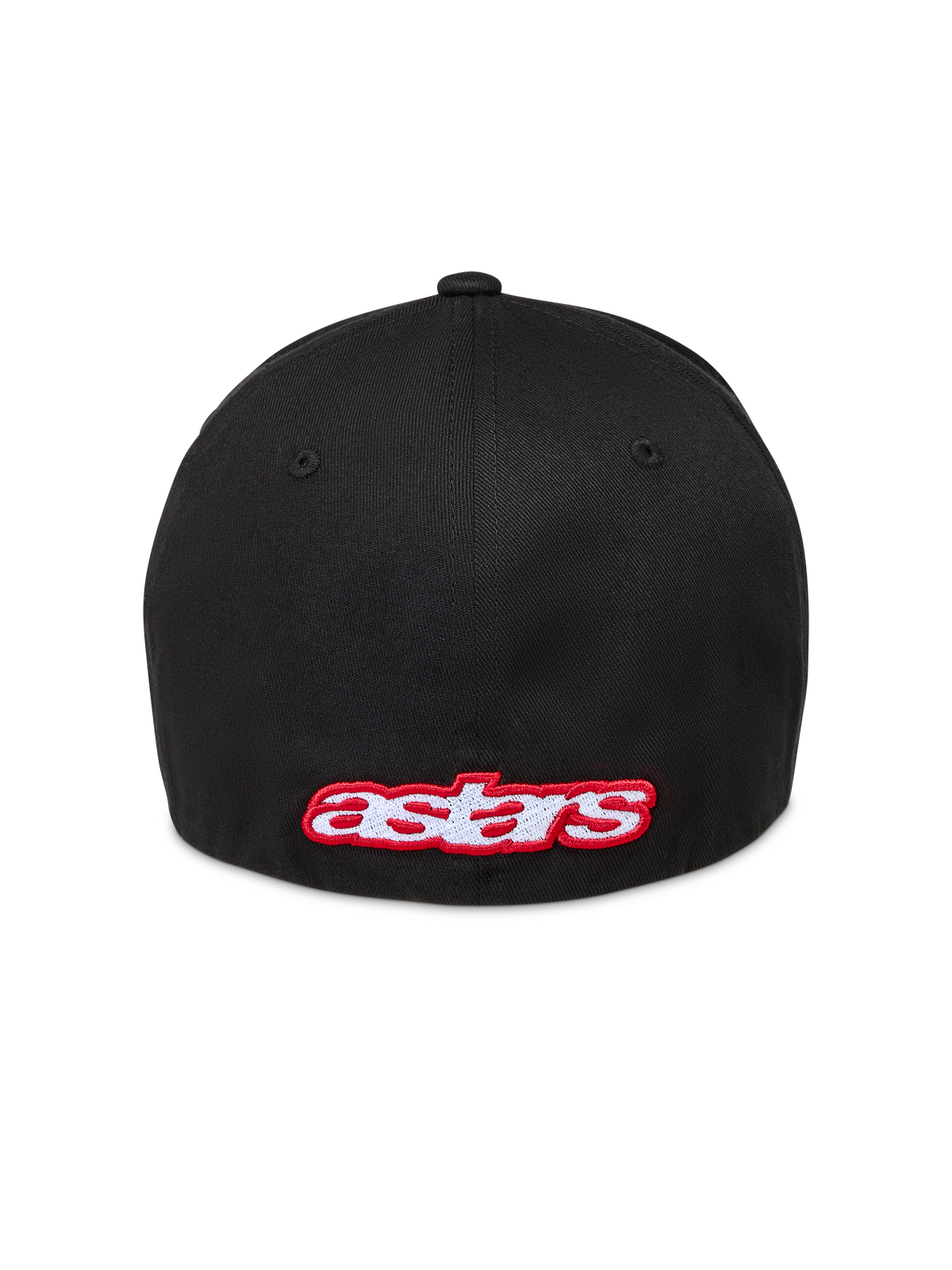 Alpinestars Lineout Kappe, schwarze Twill-Sportswear-Kappe mit rot-weißer Astars-Logo-Stickerei auf der Rückseite.