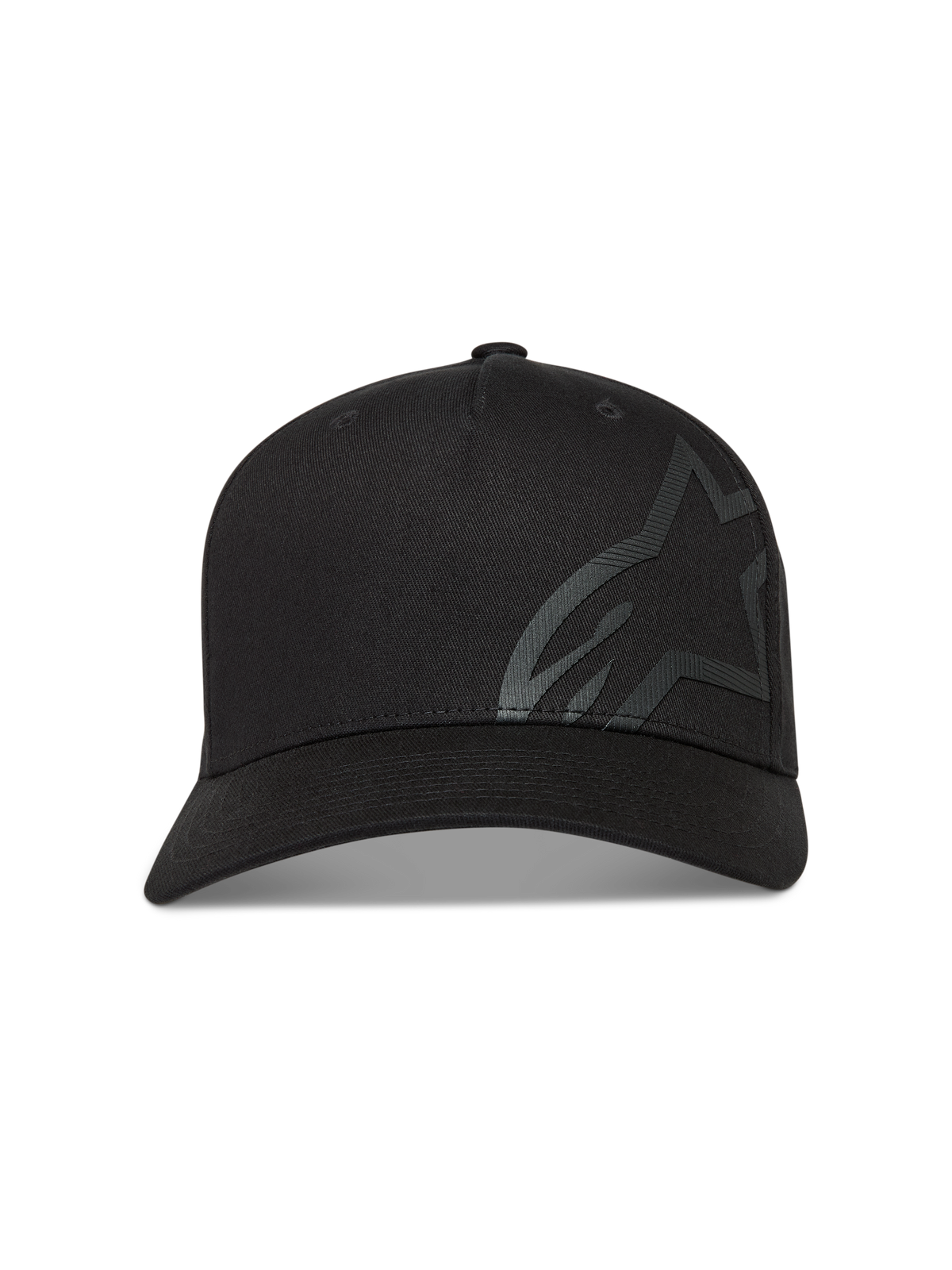 Alpinestars Maze Kappe, Sportswear-Kappe, Schwarz, Twill-Material, gebogener Schirm und großes strukturiertes Astars-Logo.