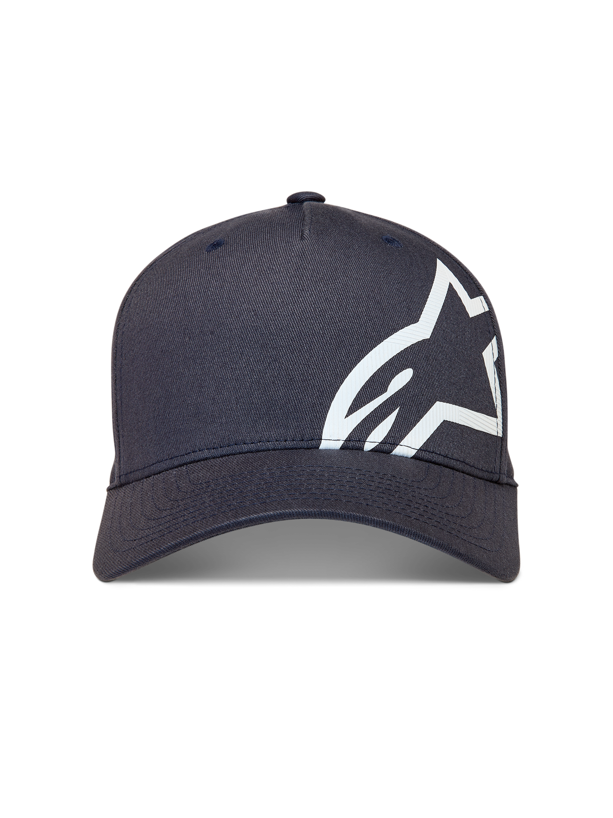 Alpinestars Maze Kappe, dunkelgraue Sportswear-Baseballcap mit weißem Astars-Logo, gebogener Schirm und Flex-Rückseite.