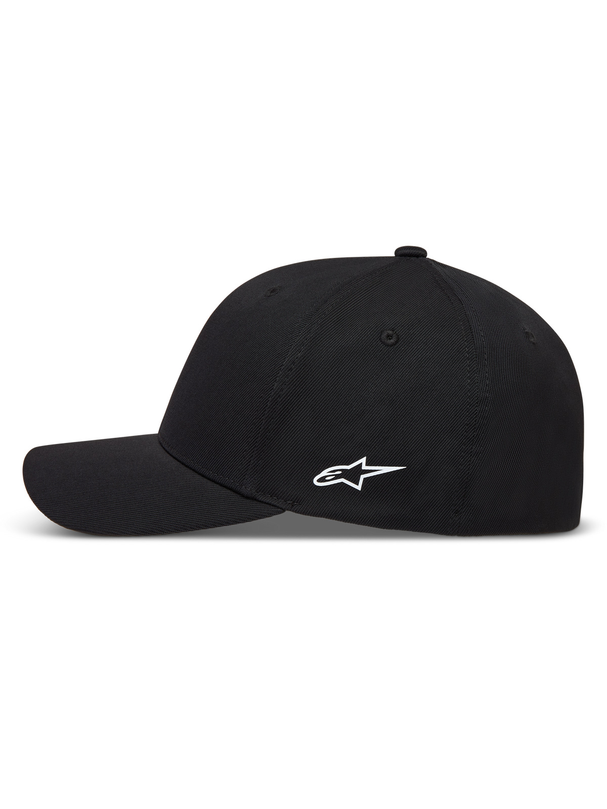 Alpinestars Points Kappe, schwarze Sportswear-Kappe aus Nylon-Tactel mit weißem Astars-Logo auf der Seite und gebogenem Schirm.