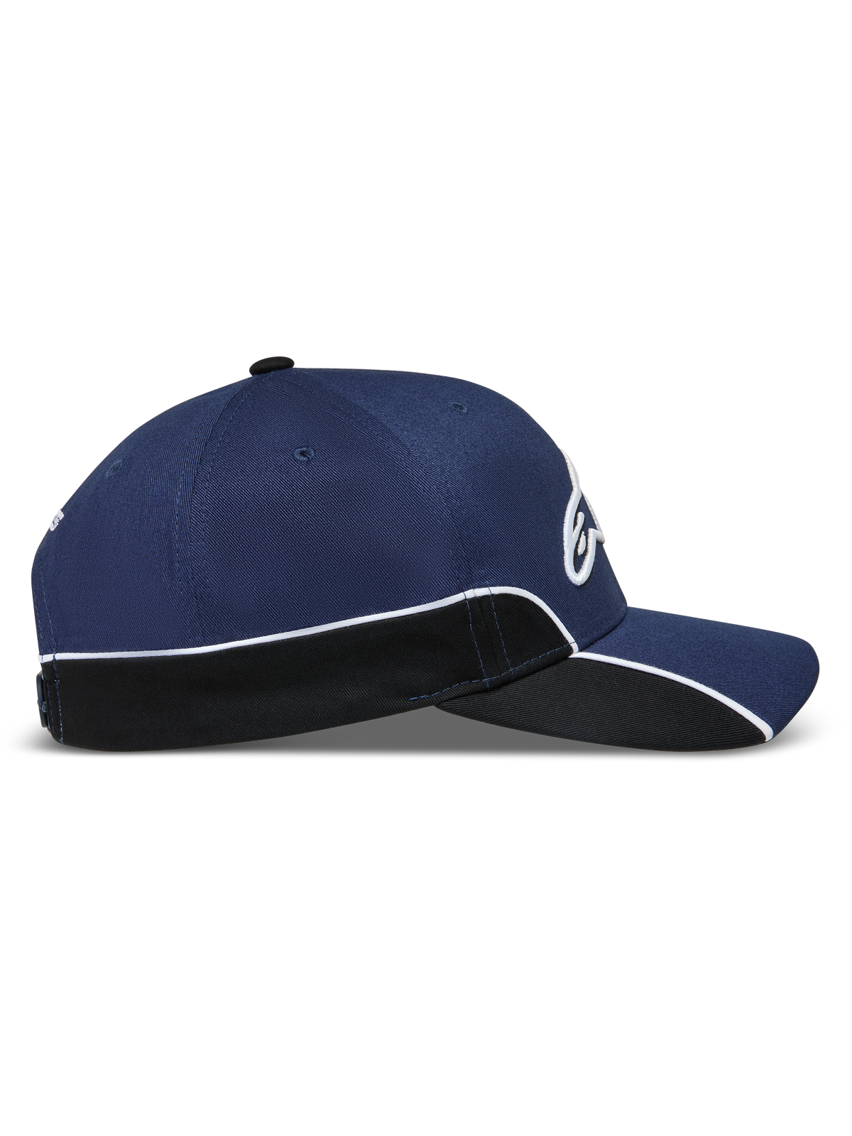 Alpinestars 500 Snapback Kappe, Unisex Motorsport-inspirierte Sportswear Baseball-Kappe, Navy-Blau und Schwarz, mit strukturierter Krone, gebogenem Schirm, weißer Kontrastpaspelierung und 3D-Astars-Stickerei, Seitenansicht.