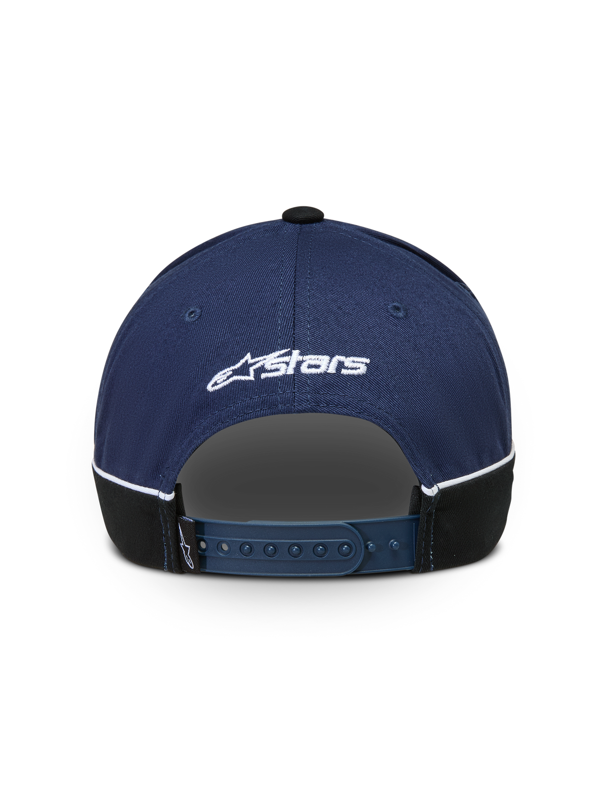 Alpinestars 500 Snapback Kappe, Sportswear Baseball-Kappe, Dunkelblau und Schwarz, Rückansicht mit verstellbarem Snapback-Verschluss, weißer Astars-Logo-Stickerei und Kontrastpaspelierung.