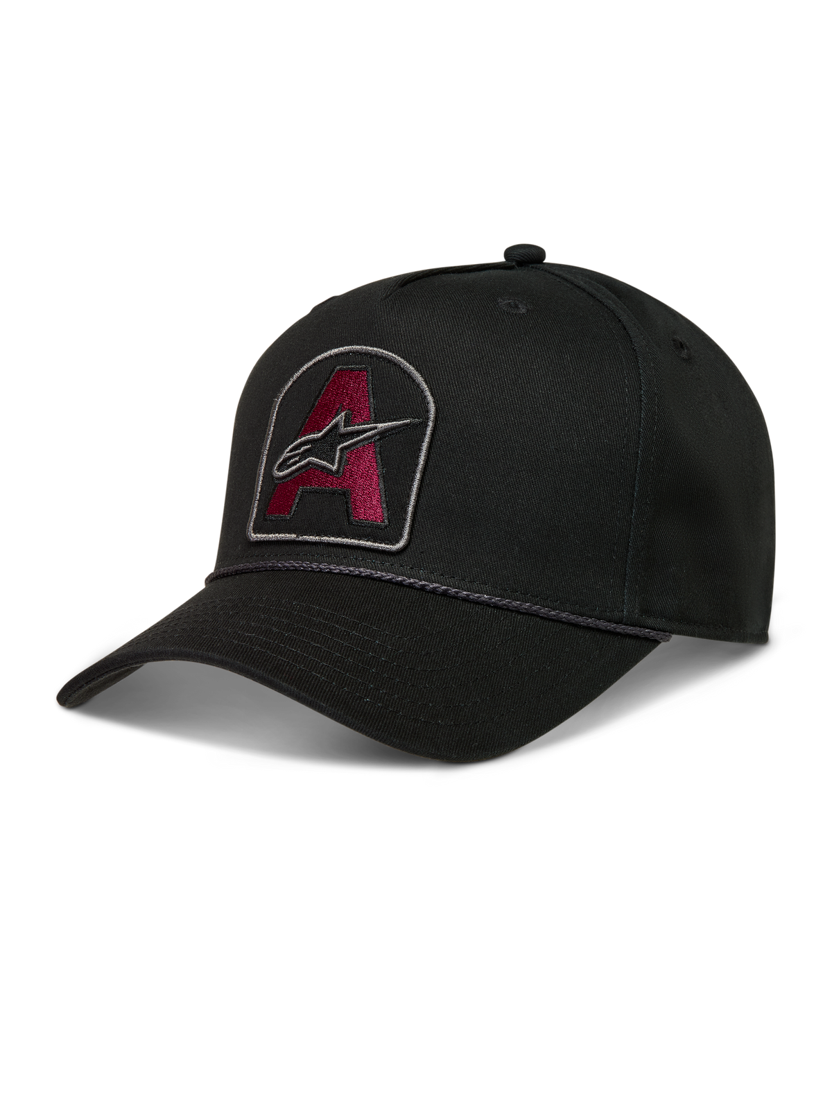 Alpinestars Acme Snapback Kappe, schwarze Twill-Cap mit burgunderrotem Astars-Logo-Patch, Seilbesatz und gebogenem Schirm.