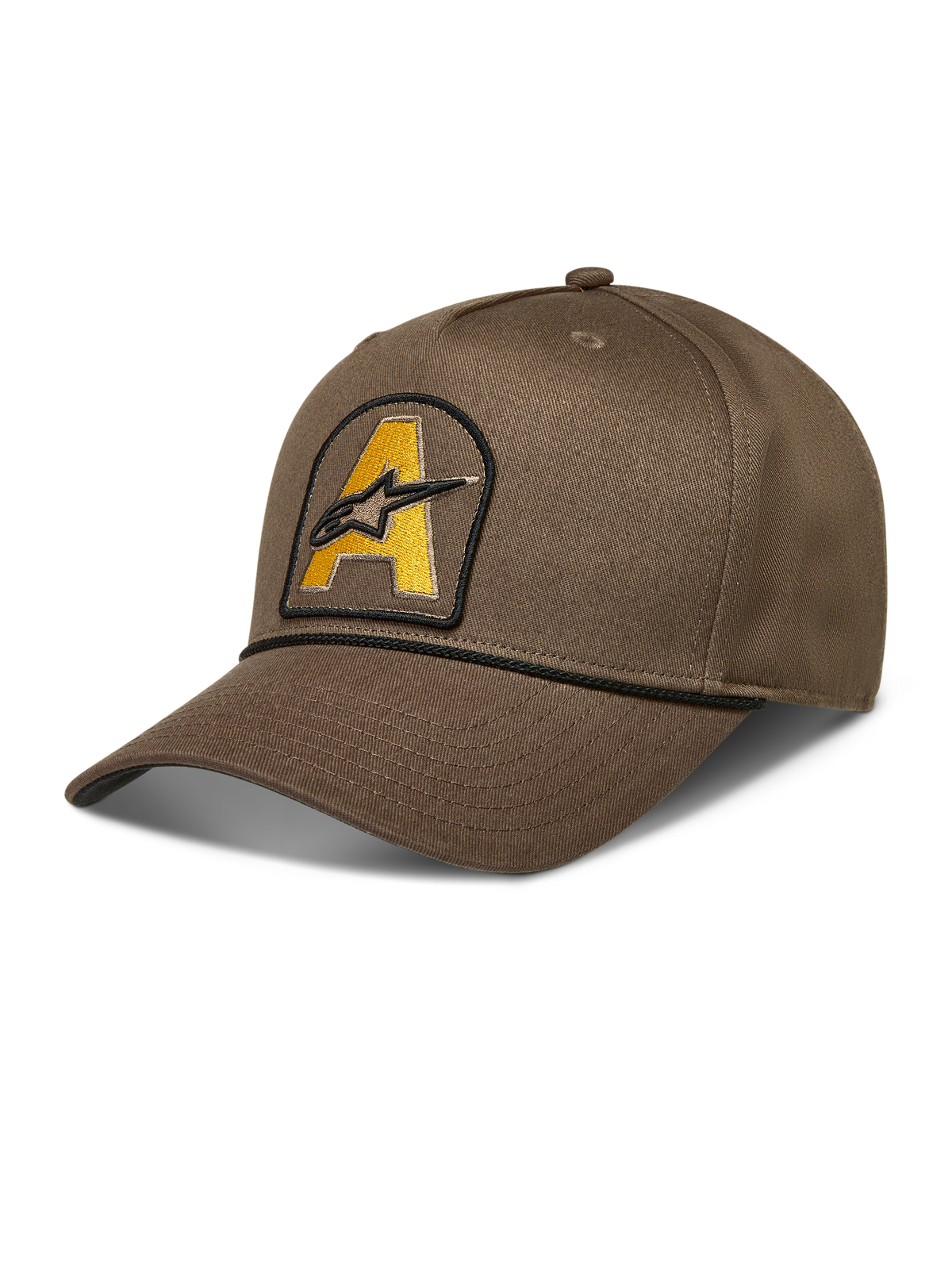 Alpinestars Acme Snapback Kappe, braune Sportswear-Kappe, gebogener Schirm, gelbes Astars-Logo-Patch mit Seilbesatz.