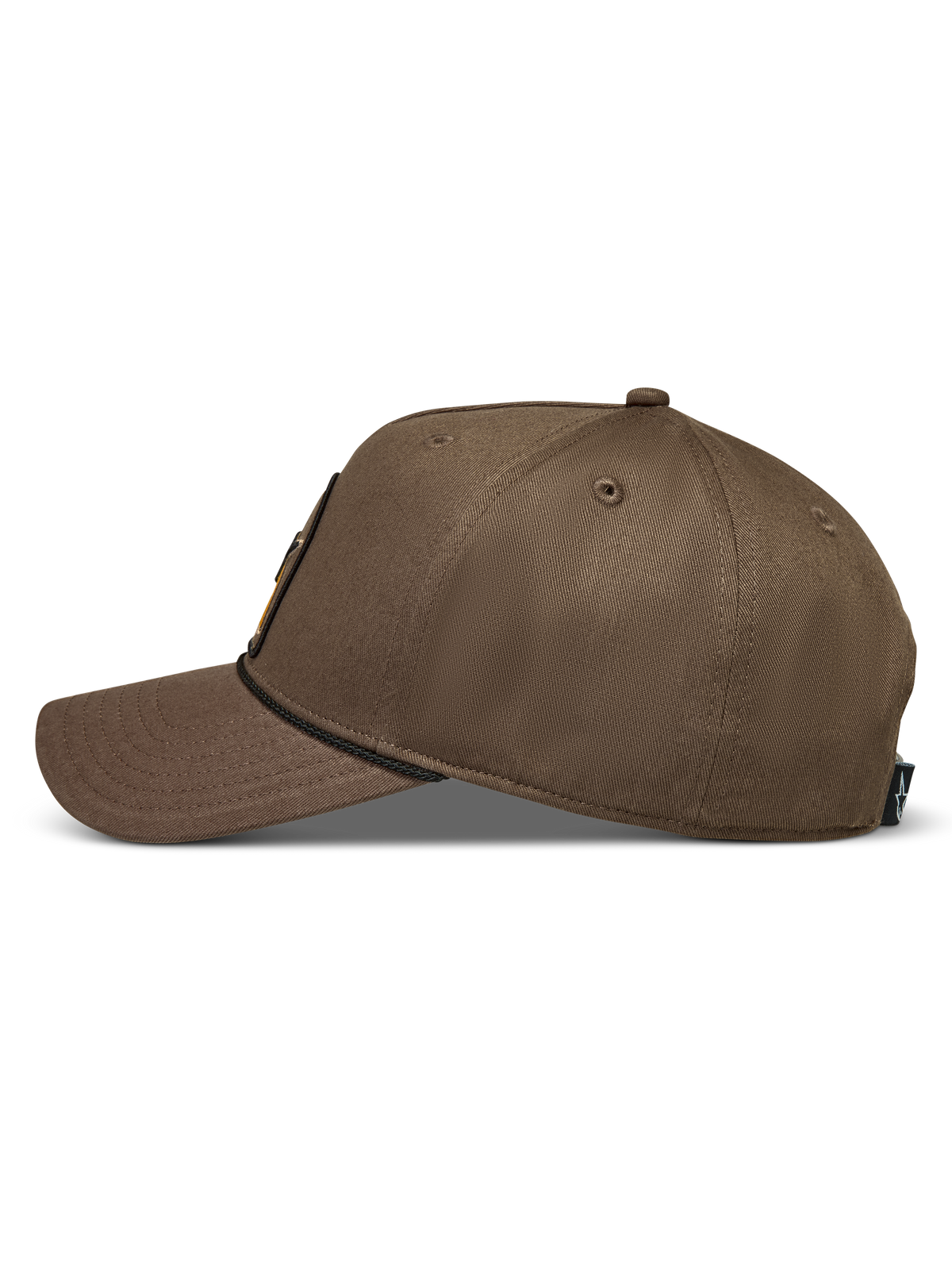 Alpinestars Acme Snapback Kappe, braune Sportswear-Baseball-Cap aus Twill, gebogener Schirm mit Seilbesatz, Seitenansicht.