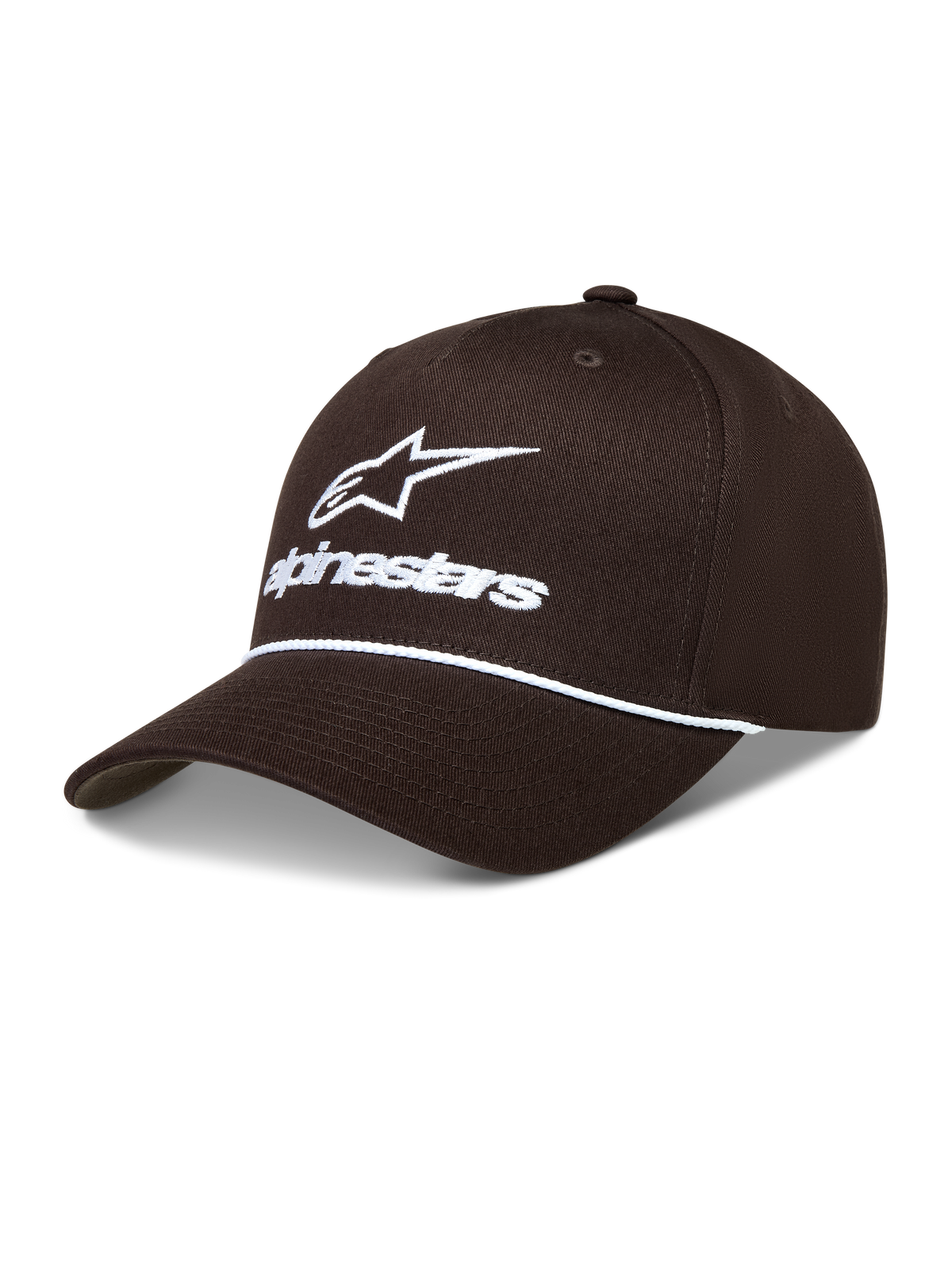 Alpinestars Combo Logo Snapback Kappe, braune Sportswear-Kappe aus Twill mit weißer Logo-Stickerei, Kordeldetail und strukturierter Krone.