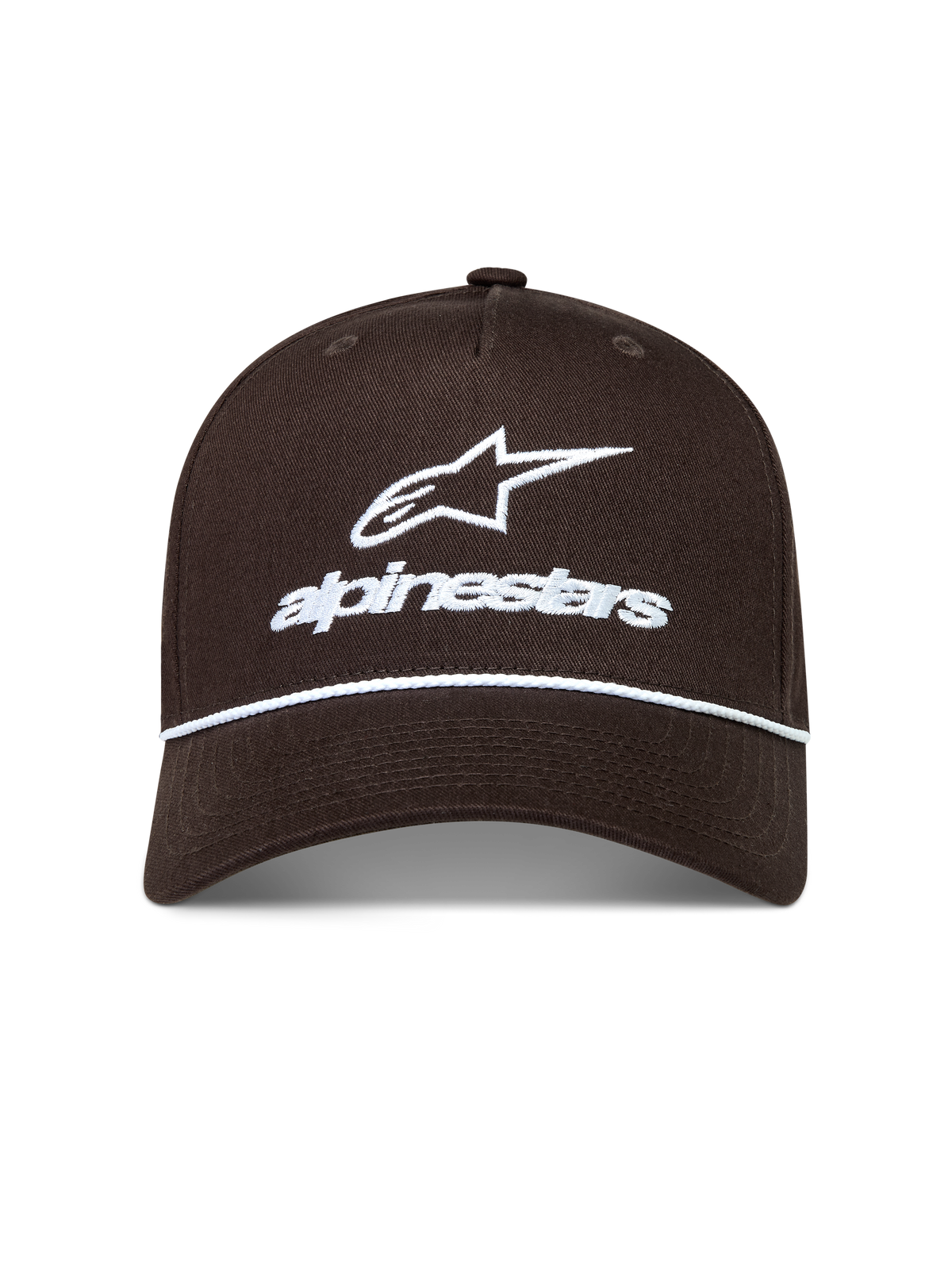 Alpinestars Combo Logo Snapback Kappe, braune Sportswear-Kappe mit weißer Logo-Stickerei und Kordel am gebogenen Schirm.