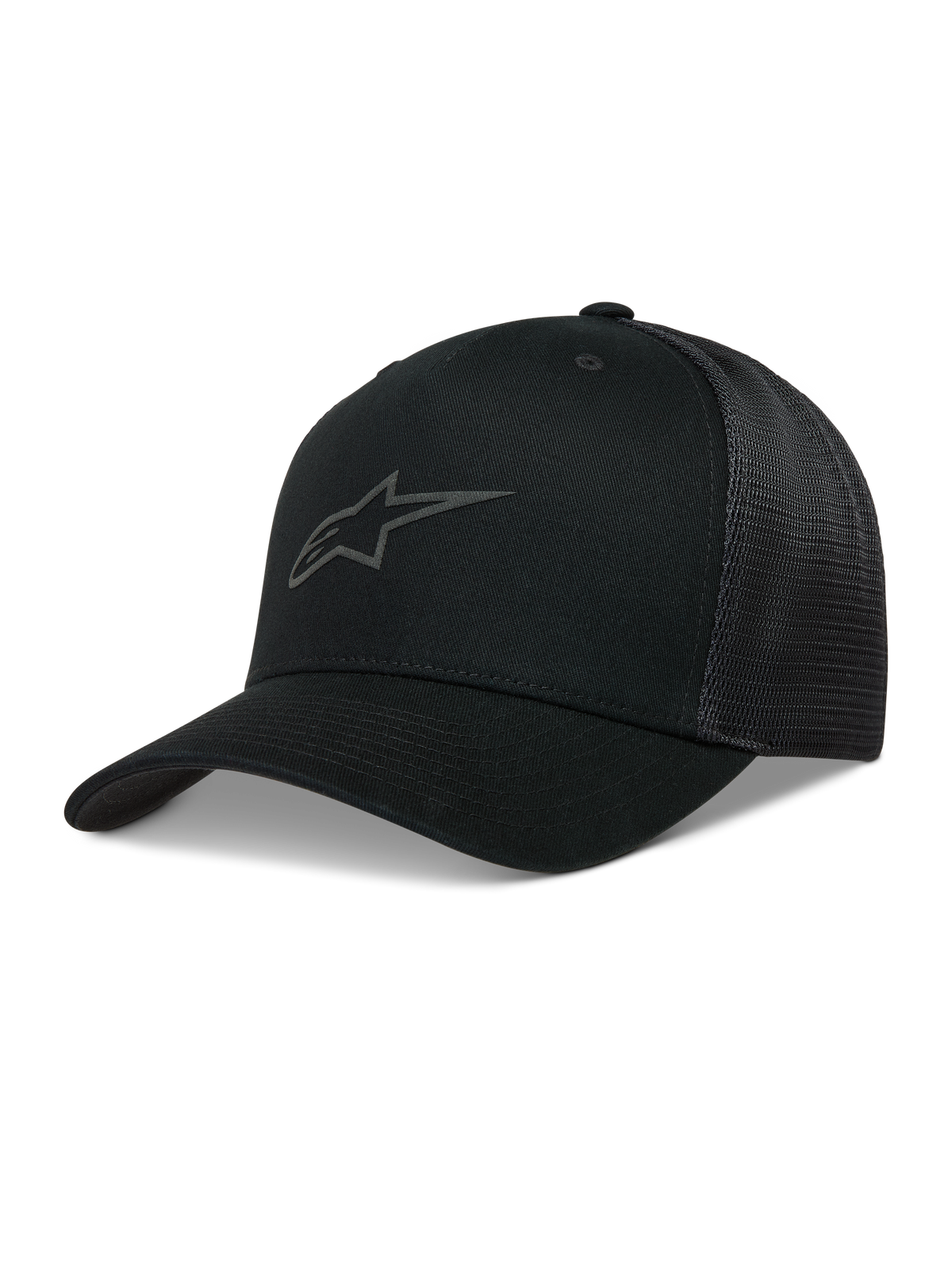 Alpinestars Augment Trucker-Mütze, schwarze Sportswear-Kappe mit gebogenem Schirm, Twill-Vorderseite, Diamond-Mesh-Rückseite und Puff-Druck-Logo.