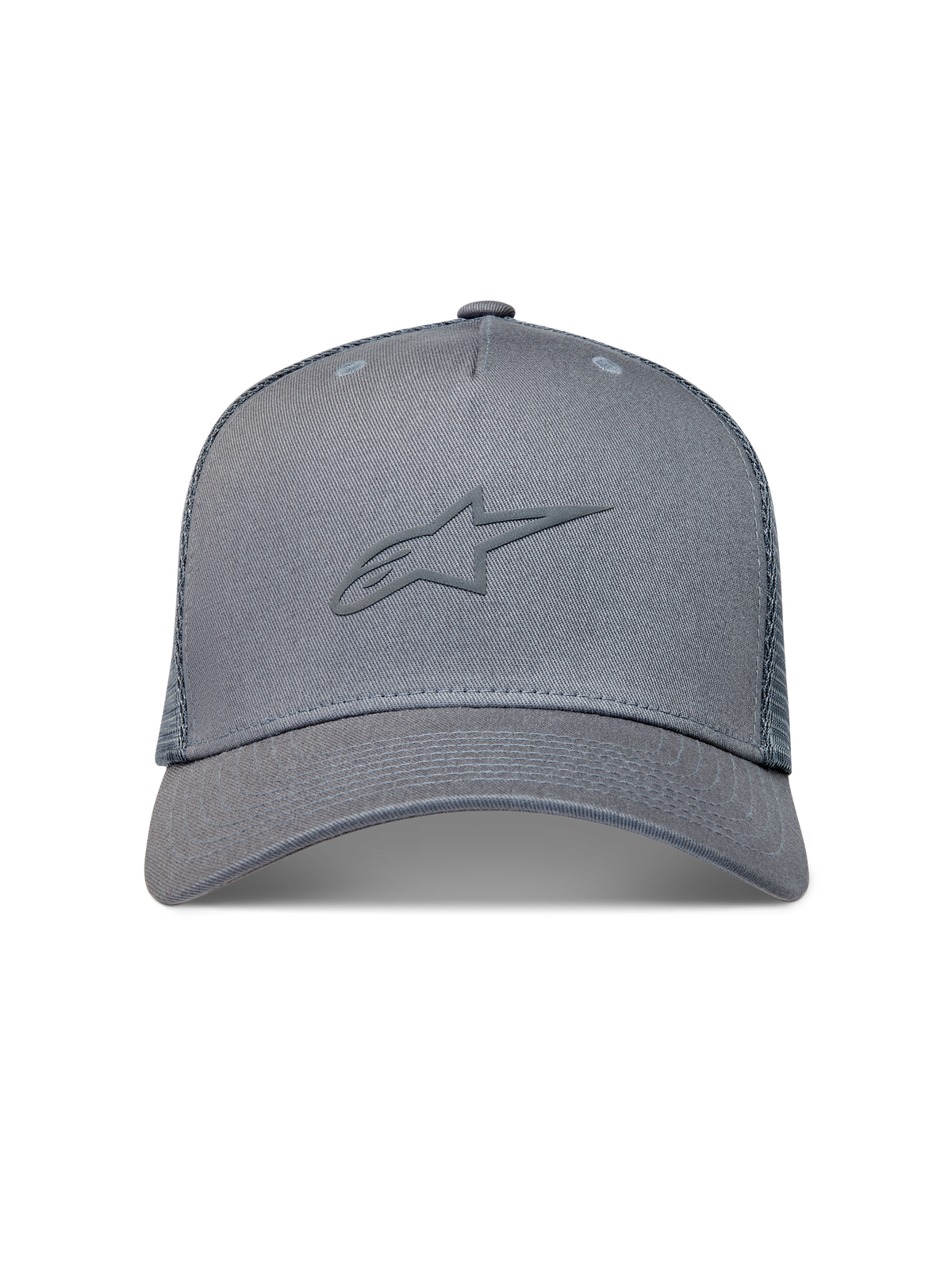 Alpinestars Augment Trucker-Mütze, graue Kappe mit Puff-Druck-Logo, gebogenem Schirm und Diamond-Mesh-Rückseite.