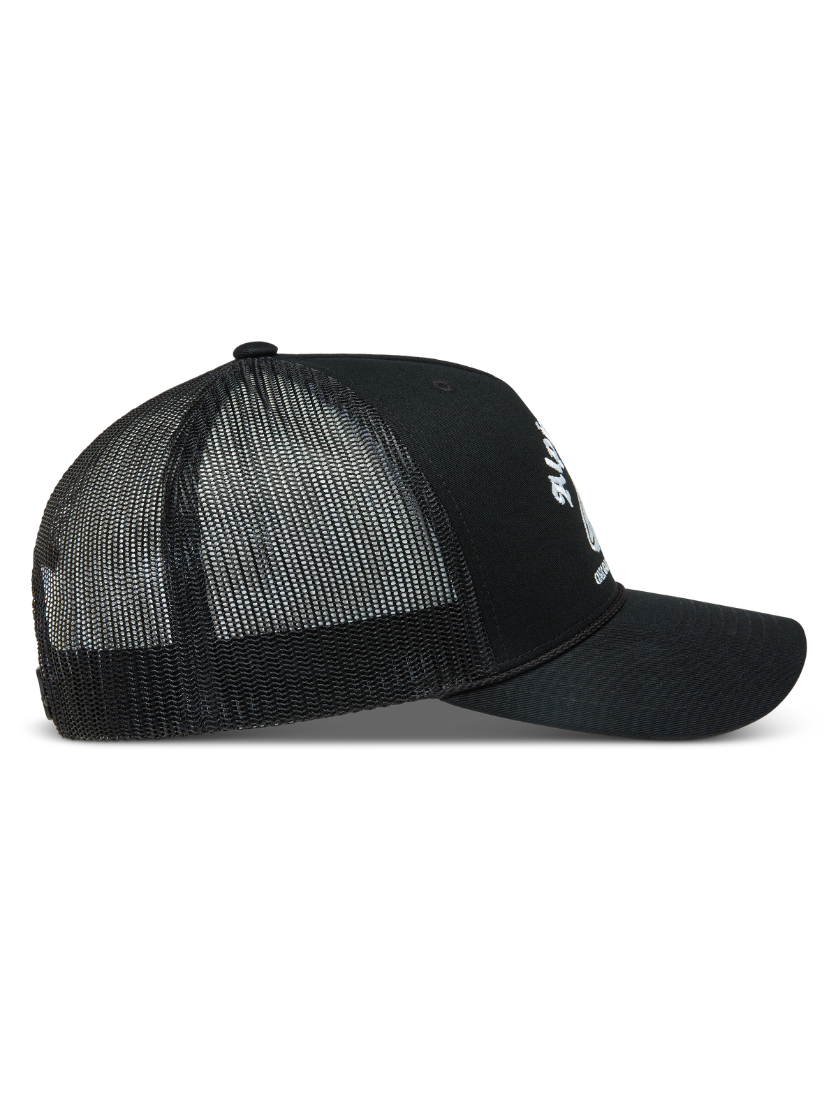 Alpinestars Baron Trucker-Mütze, Sportswear-Kappe, Schwarz und Weiß, Mesh-Rückseite, gebogener Schirm, Seitenansicht.