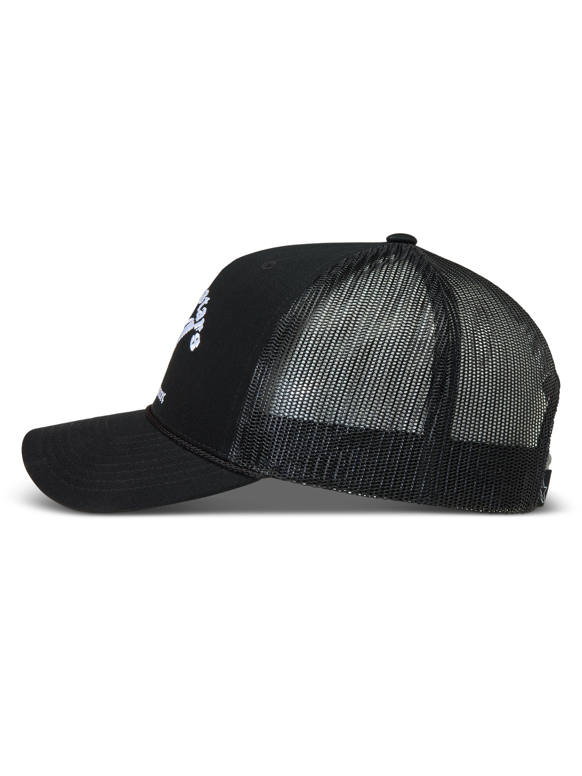 Alpinestars Baron Trucker-Mütze, schwarze Sportswear-Kappe mit atmungsaktivem Mesh-Rücken und gebogenem Schirm.