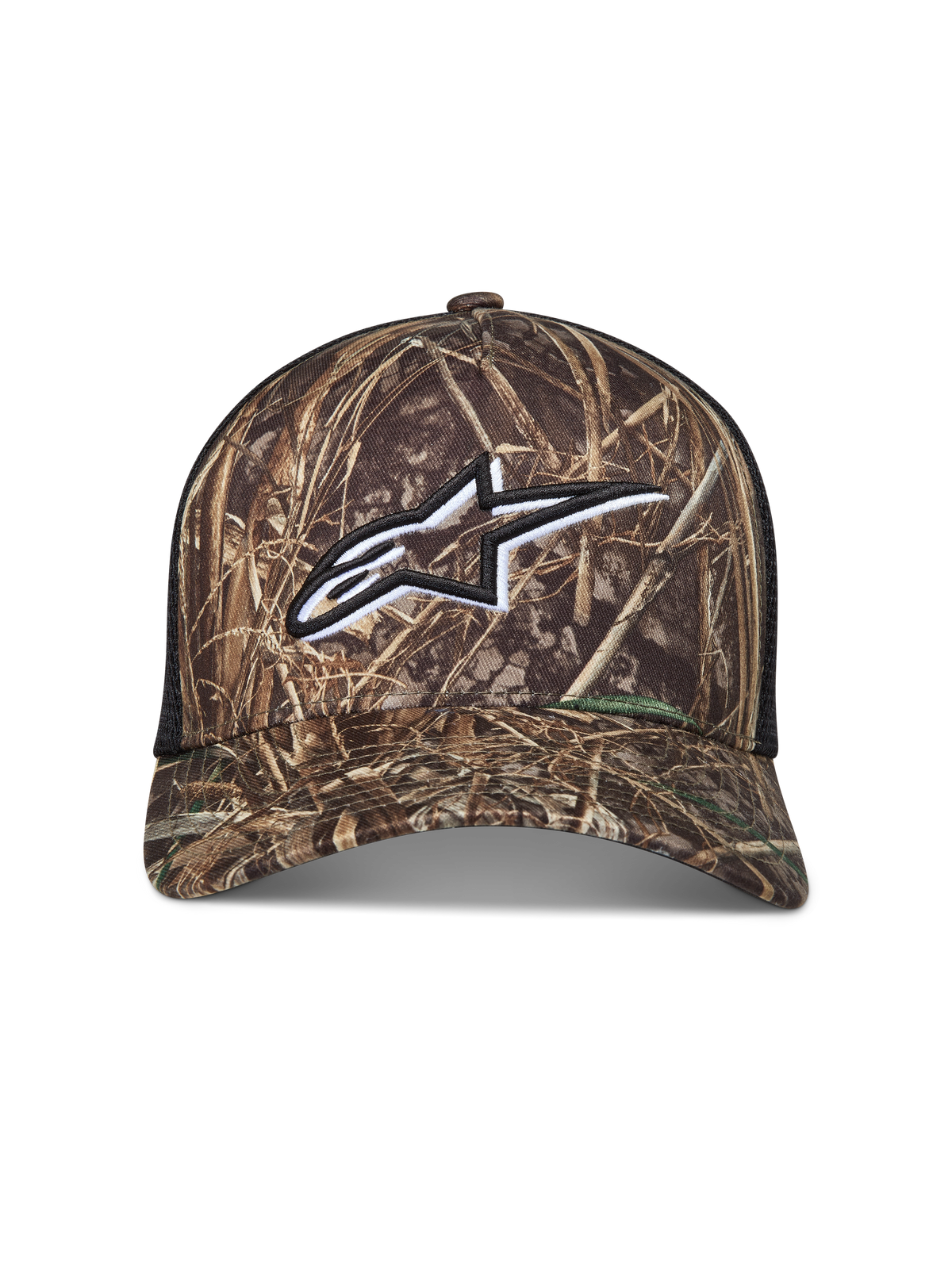 Alpinestars Thicket Realtree Trucker-Mütze in Camouflage und Schwarz mit weiß besticktem Astars-Logo und Mesh-Rückseite.