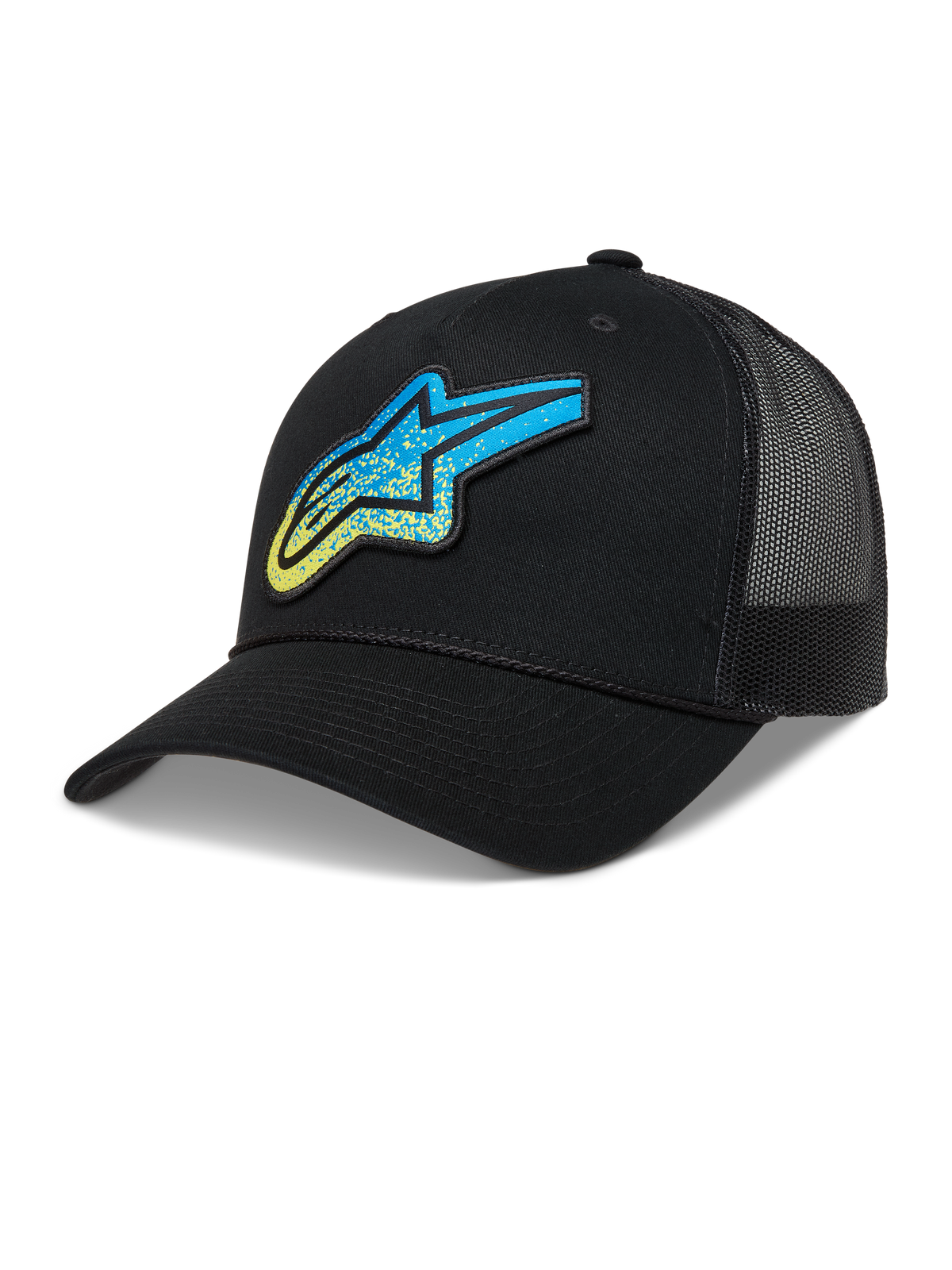 Alpinestars Meteorite Trucker-Mütze, schwarze Sportswear-Kappe mit blau-gelbem Astars-Logo in Kieselstruktur und Mesh-Rückseite.
