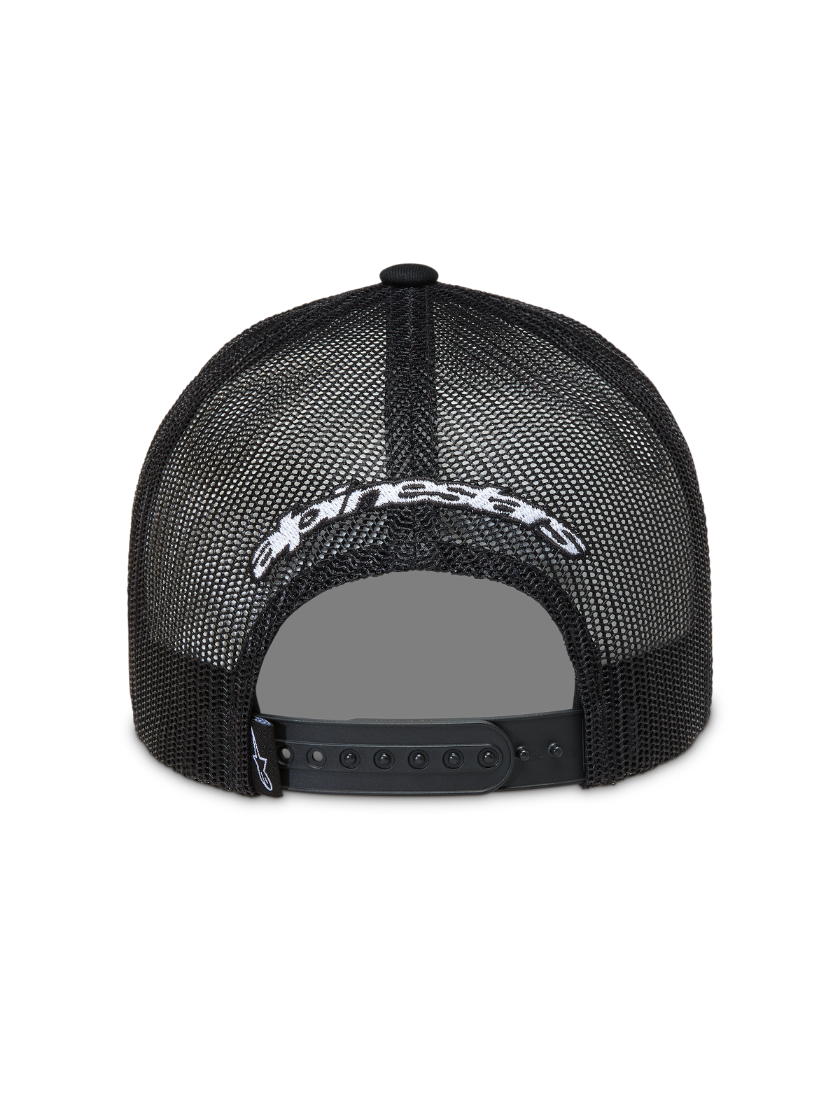 Alpinestars Meteorite Trucker-Mütze, schwarze Mesh-Kappe mit weißem Stick-Logo und verstellbarem Snapback-Verschluss.