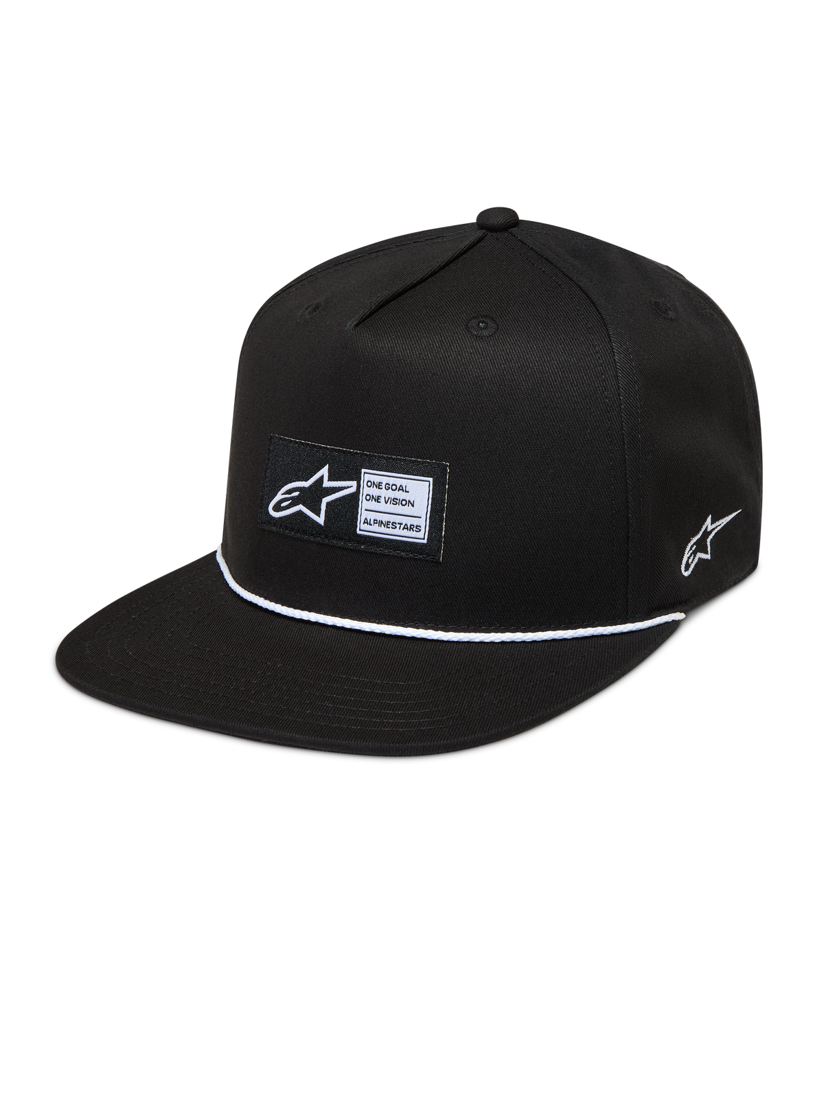 Alpinestars Label Snapback Kappe, schwarze Sportswear-Kappe mit flachem Schirm, weißem Kordeldetail und gewebtem Aufnäher.