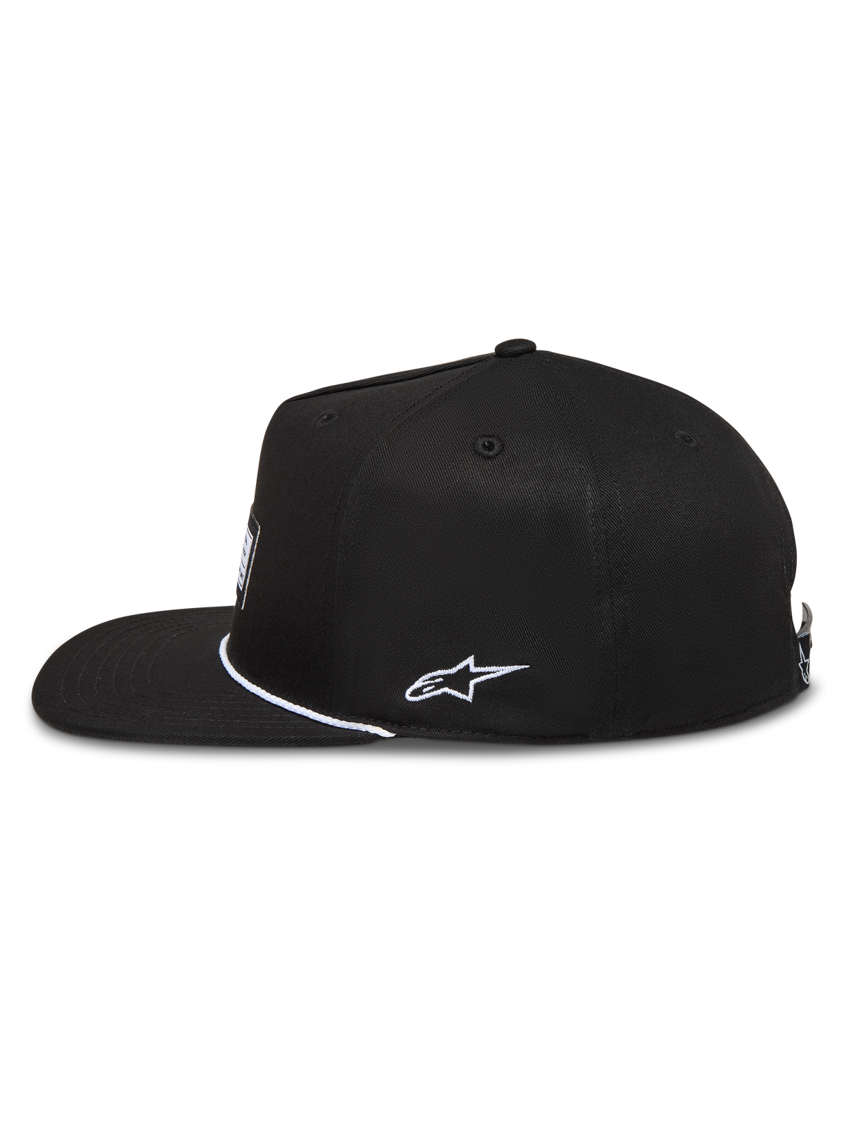 Alpinestars Label Snapback Kappe, schwarze Sportswear-Cap aus Twill mit flachem Schirm und weißer seitlicher Stickerei.