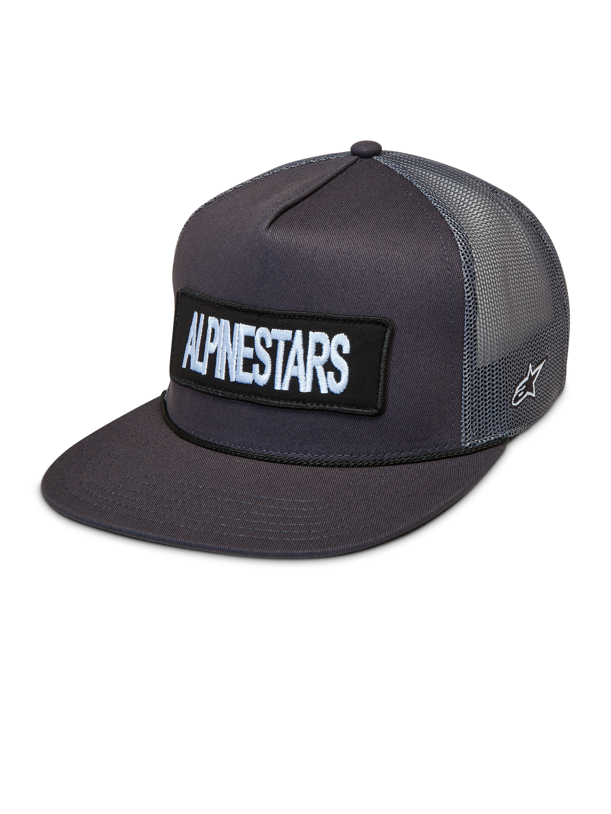 Alpinestars Ten Trucker-Mütze, Sportswear-Cap in Dunkelgrau, flacher Schirm, gesticktes Logo-Patch vorne und atmungsaktives Mesh-Gewebe hinten.