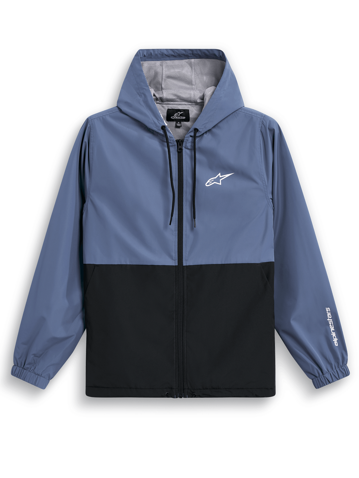 Alpinestars Speeder Windbreaker Jacke, leichte Windjacke mit Kapuze, Schieferblau und Schwarz, zweifarbiges Blockdesign mit weißem Logo auf der Brust und Branding am Ärmel, Mesh-Futter und verstellbare Kapuze mit Kordelzug