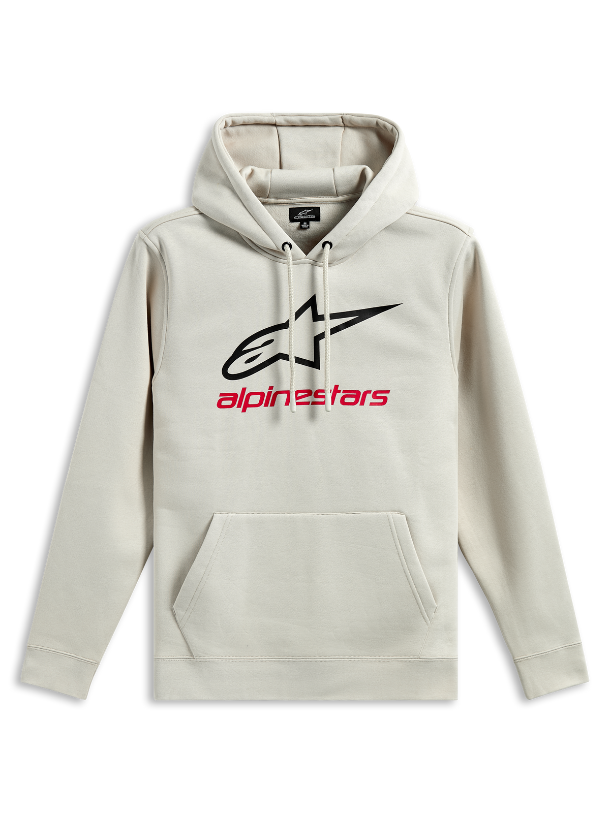 Alpinestars Always V3 Hoodie, Kapuzenpullover aus Fleece, Off-White, schwarzes Stern-Logo und roter Alpinestars-Schriftzug auf der Brust, Kängurutasche, Kapuze mit Kordelzug, lässige, vom Motorsport inspirierte Sportbekleidung