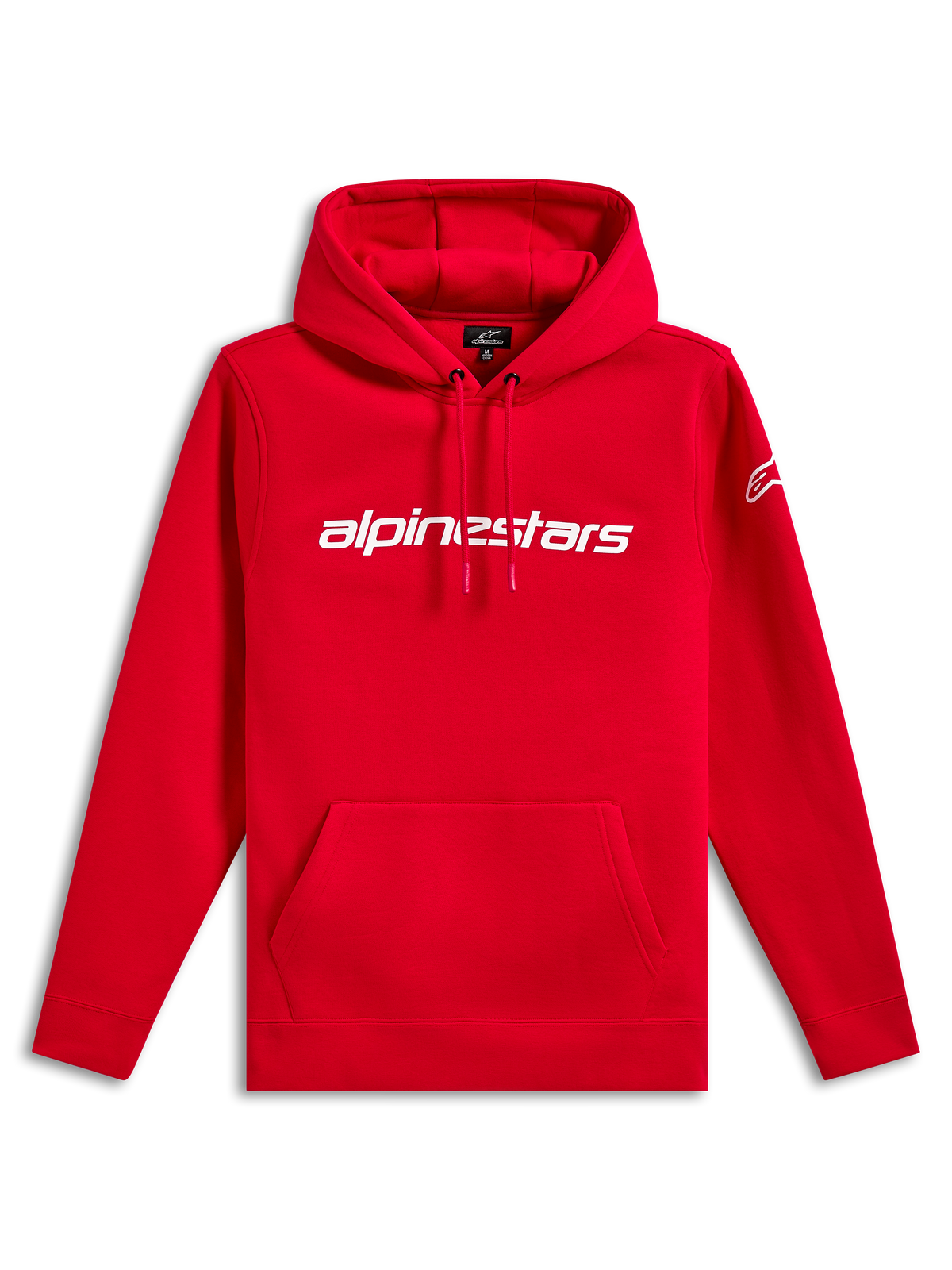 Alpinestars Linear Wordmark V3 Hoodie, lässige Streetwear, Rot mit weißem Alpinestars-Schriftzug auf der Brust, weißes Ageless-Logo am Ärmel, Kapuze mit Kordelzug, Kängurutasche, Rippbündchen an Ärmeln und Saum