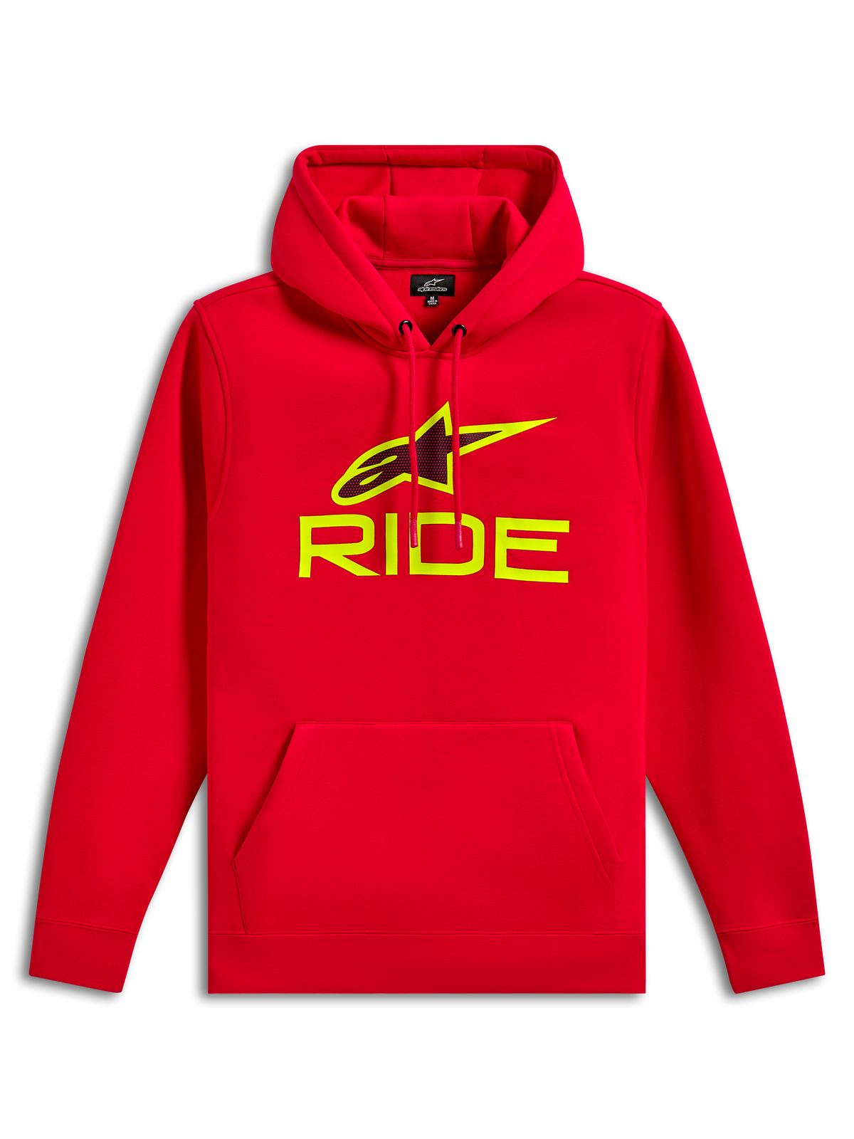 Alpinestars Ride V3 Hoodie, roter Fleece-Kapuzenpullover, neongelbes RIDE-Logo und Astars-Symbol mit schwarzem Perforationsdruck, Kapuze mit Kordelzug, Kängurutasche vorne, lässige Motorsport-Streetwear