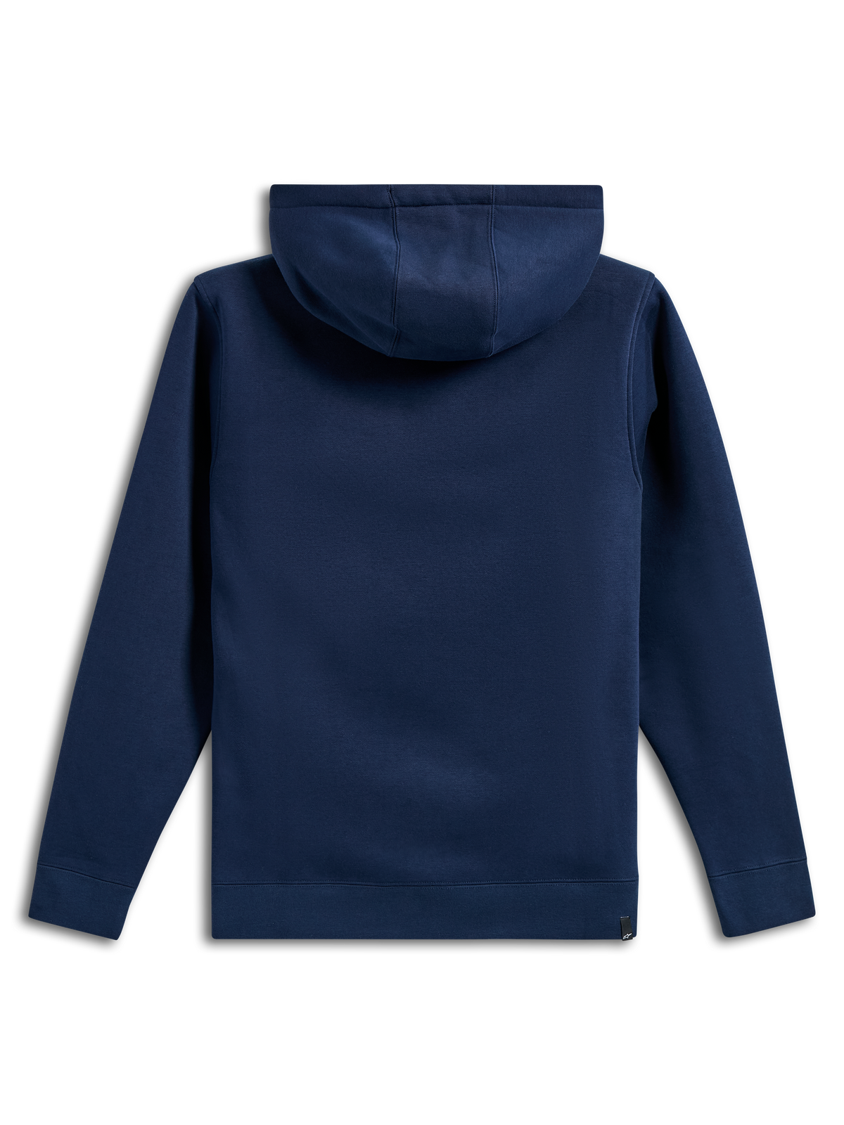 Alpinestars Ride V3 Kapuzenpullover, Rückansicht eines dunkelblauen Fleece-Hoodies, einfarbiges Design mit Rippbündchen an Ärmeln und Saum, Kapuze mit Jersey-Futter, lässige, vom Motorsport inspirierte Sportbekleidung