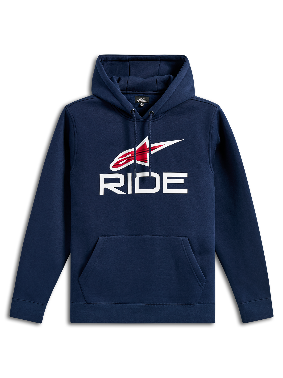 Alpinestars Ride V3 Hoodie, lässiger navyblauer Fleece-Kapuzenpullover, mit weißem RIDE-Logo und rotem Alpinestars-Sternlogo auf der Brust, Kapuze mit Kordelzug, Kängurutasche vorne, lange Ärmel und Rippbündchen.