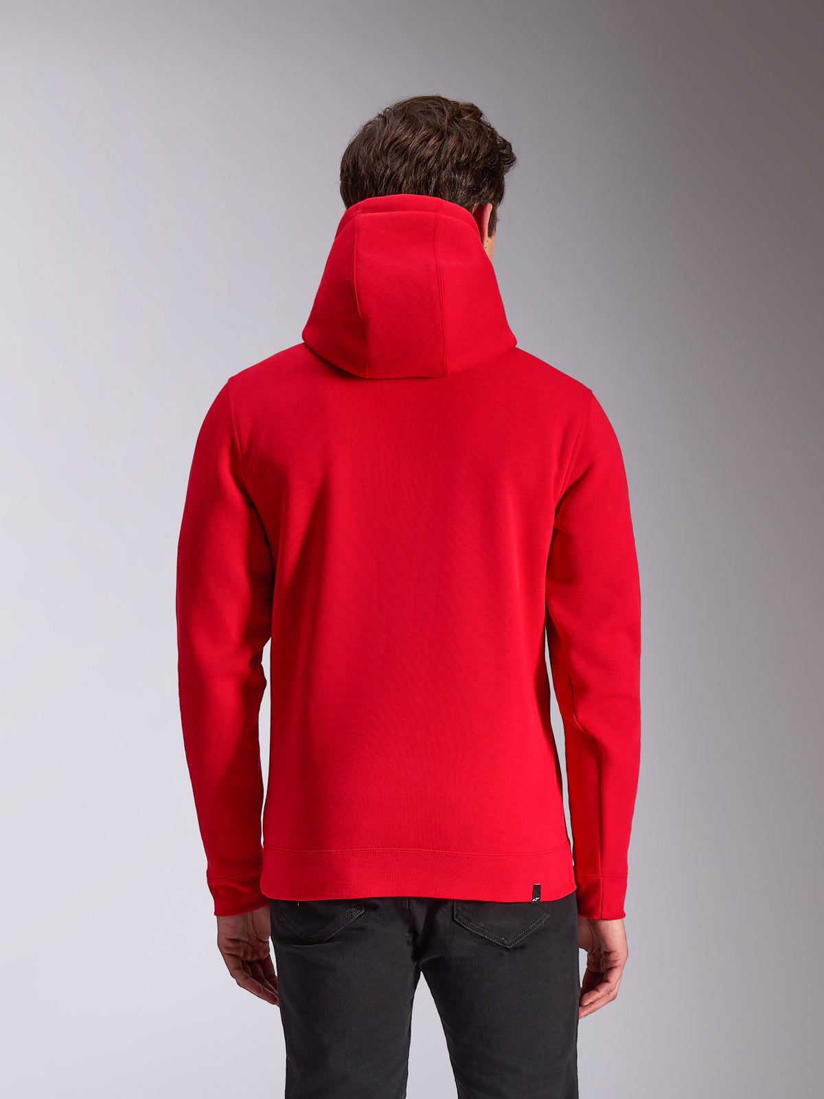 Alpinestars Ride V3 Hoodie, lässige Motorsport-Streetwear, roter Kapuzenpullover, Rückansicht, einfarbig Rot, Rippbündchen an Ärmeln und Saum, Kapuze mit Jerseyfutter