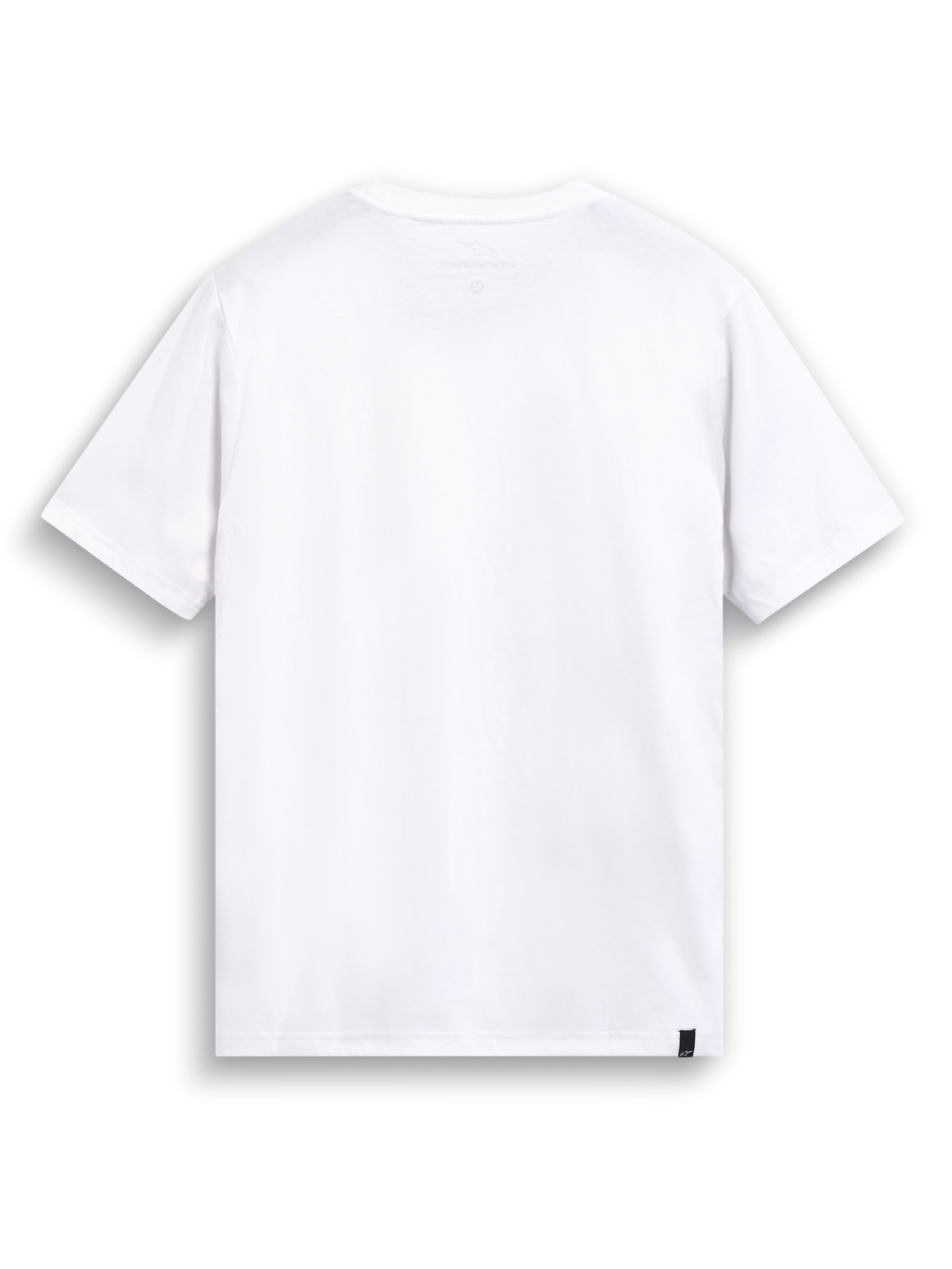 Alpinestars Elliptic CSF T-Shirt, weißes Kurzarm-Sportswear-T-Shirt, Rückansicht mit internem Nackendruck und externem Sachetikett.