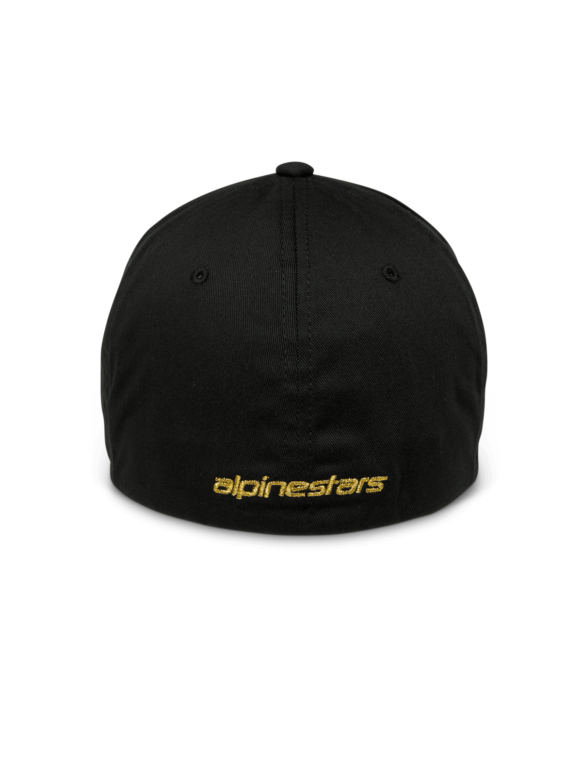 Alpinestars Gild Mütze, schwarze Sport-Cap, Rückansicht mit goldfarbener metallischer Alpinestars-Flachstickerei, geschlossenes Flex-Back-Design, strukturierte Krone, lässige, vom Motorsport inspirierte Kopfbedeckung