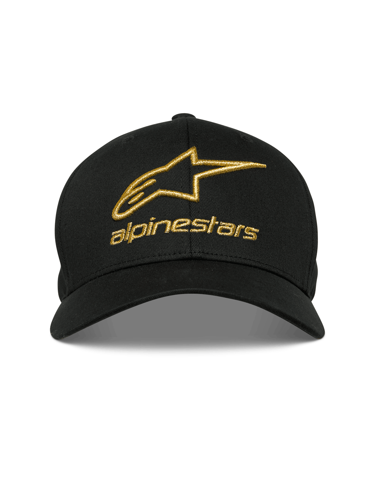 Alpinestars Gild Mütze, Schwarz, Goldene metallische 3D-Stickerei des Alpinestars-Logos, Gebogener Schirm mit strukturierter Krone, Lässige Motorsport-Sportbekleidung