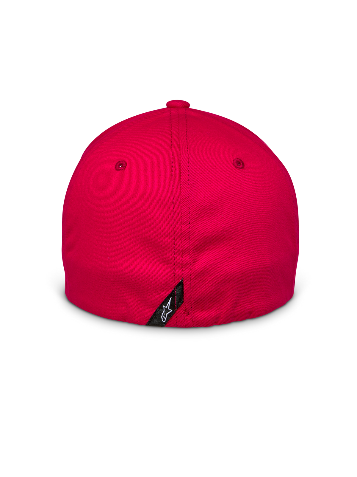 Alpinestars Arcstars Mütze, Rot, Rückansicht mit Flex-Back-Verschluss, kleines schwarzes Etikett mit weißem Astars-Logo auf der Mittelnaht, strukturierter Stretch-Twill-Stoff, lässige Motorsport-Kopfbedeckung