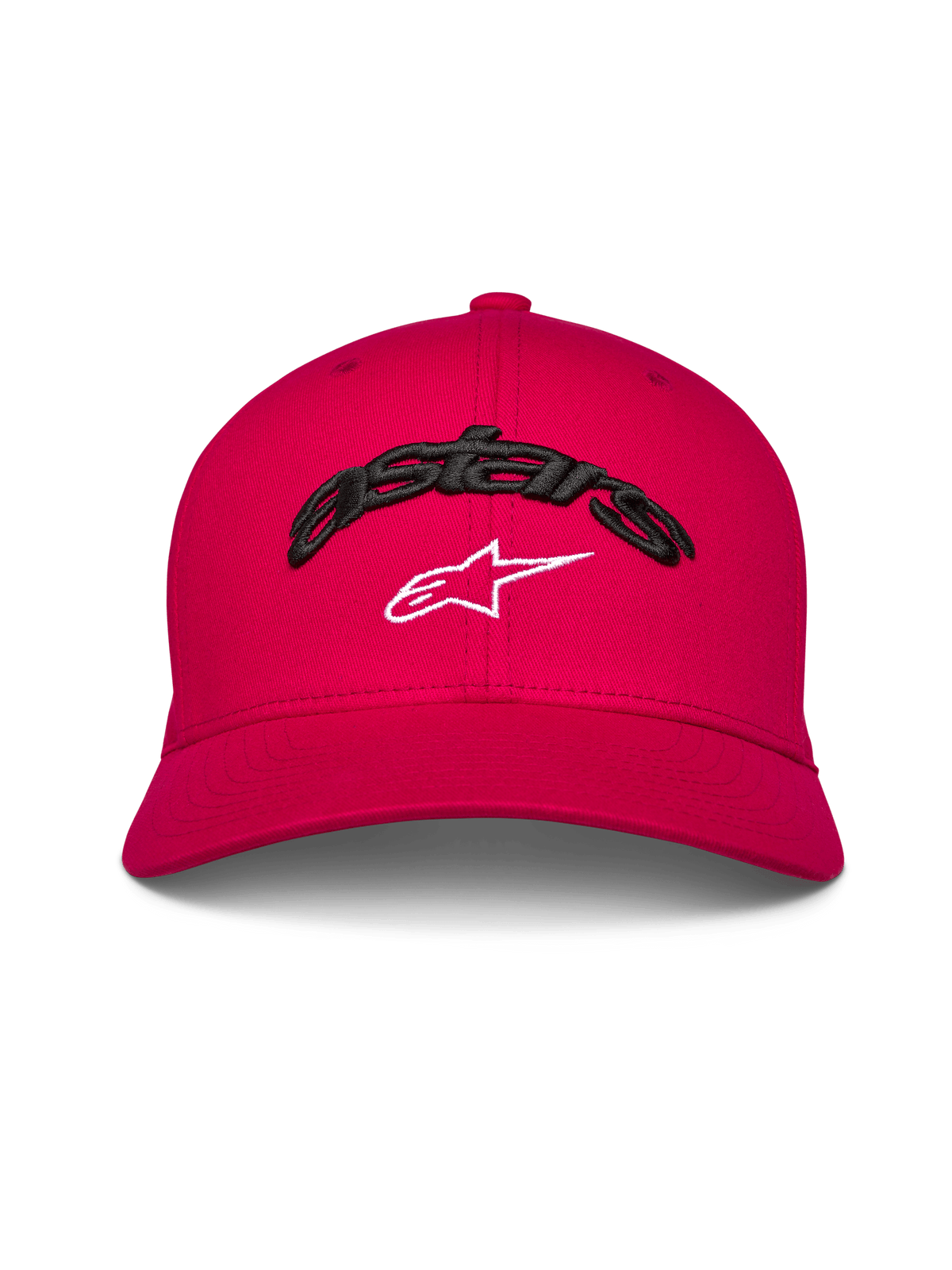 Alpinestars Arcstars Mütze, Baseballkappe mit gebogenem Schirm, Rot, schwarzer 3D-Astars-Schriftzug mit weißem Stern-Logo, strukturierte Krone, lässige vom Motorsport inspirierte Kopfbedeckung