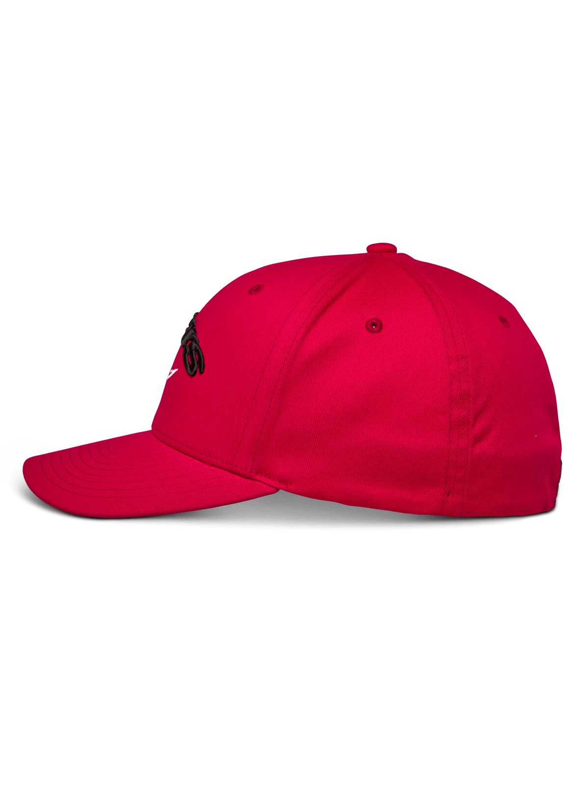 Alpinestars Arcstars Mütze, rote Baseball-Kappe, Seitenansicht, strukturierte Krone mit gebogenem Schirm, schwarze 3D-Astars-Stickerei, lässige Motorsport-Sportbekleidung