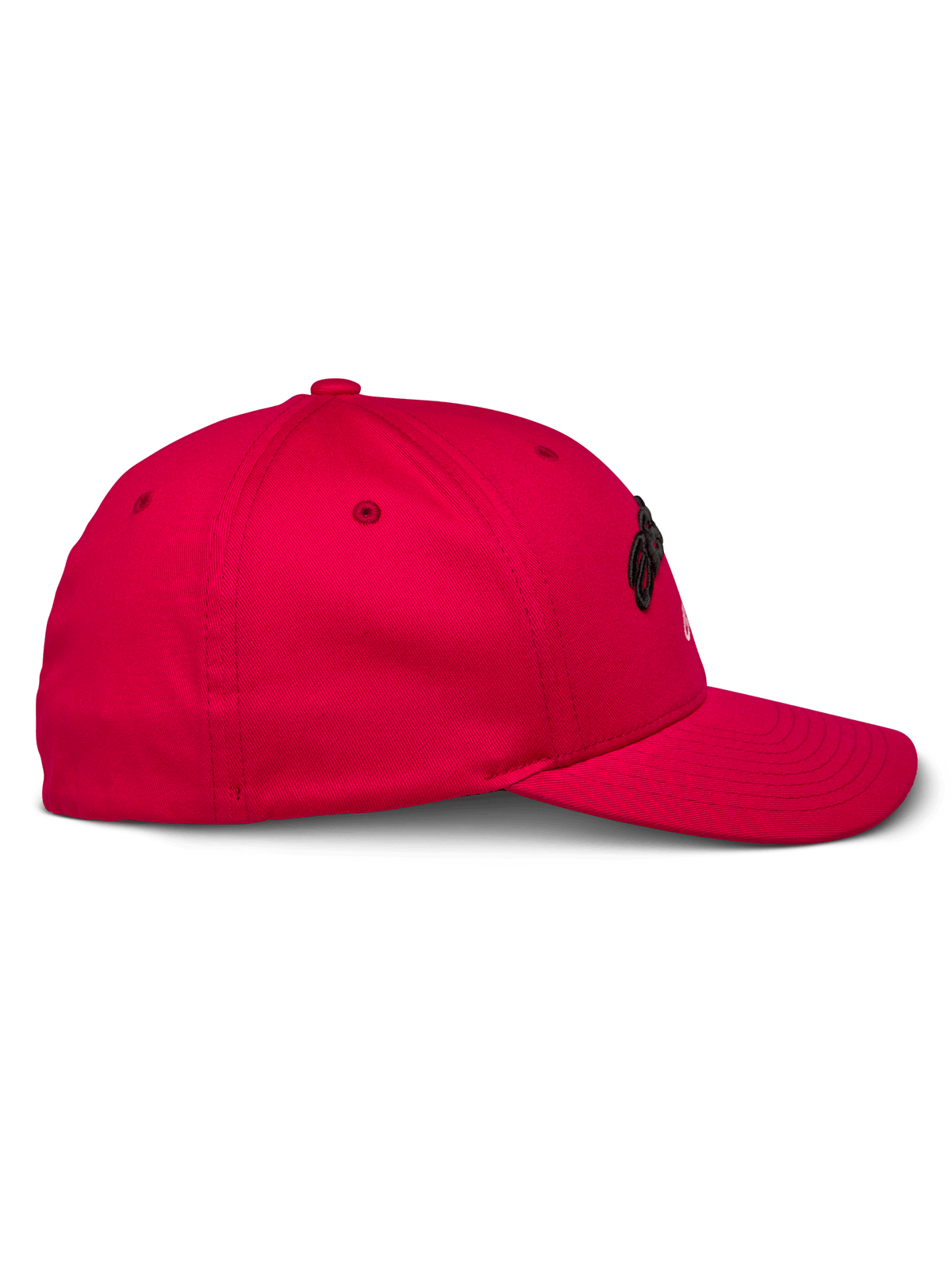Alpinestars Arcstars Mütze, Rot, Seitenansicht, strukturierte Baseball-Kappe mit gebogenem Schirm, Stretch-Twill-Gewebe, schwarze 3D-Stickerei, Freizeit-Sportbekleidung