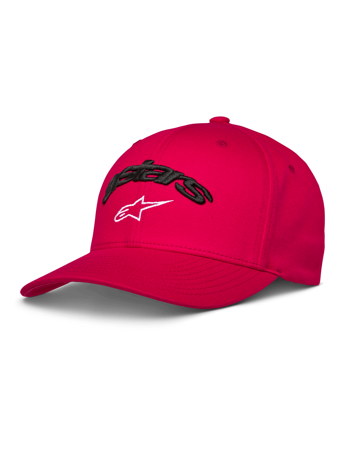 Alpinestars Arcstars Hat, rote Baseball-Cap, gebogener Schirm und strukturierte Krone, schwarze 3D-Astars-Stickerei mit weißem Stern-Logo, lässige Motorsport-Sportbekleidung