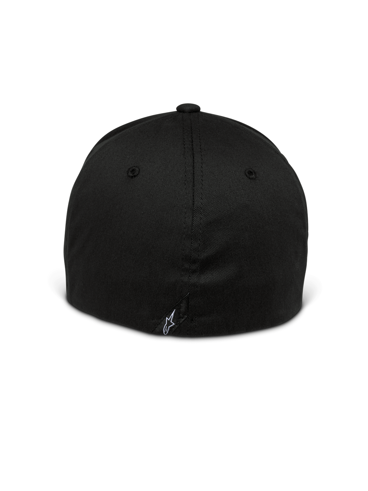 Alpinestars Setting Mütze, Flex-Back Kappe, Schwarz, Rückansicht mit geschlossenem Flex-Design, kleines weiß gesticktes Stern-Logo am unteren Saum, strukturierte Krone aus Stretch-Twill-Gewebe