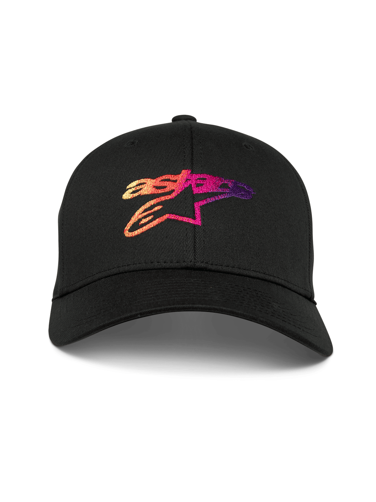 Alpinestars Setting Mütze, schwarze Baseballkappe mit gebogenem Schirm, mit einem 3D-bestickten Astar-Logo mit Farbverlauf in Orange-, Rosa- und Lilatönen, strukturierte Krone, lässige Motorsport-Sportbekleidung