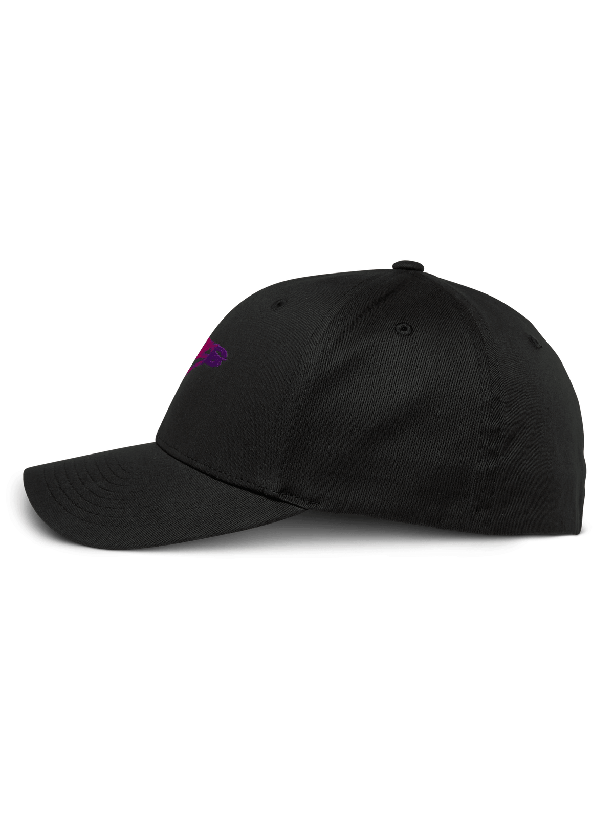Alpinestars Setting Mütze, Schwarz, Seitenansicht, gebogener Schirm mit strukturierter Krone, lila 3D-Verlaufstickerei-Logo, lässige Baseballkappe aus Stretch-Twill