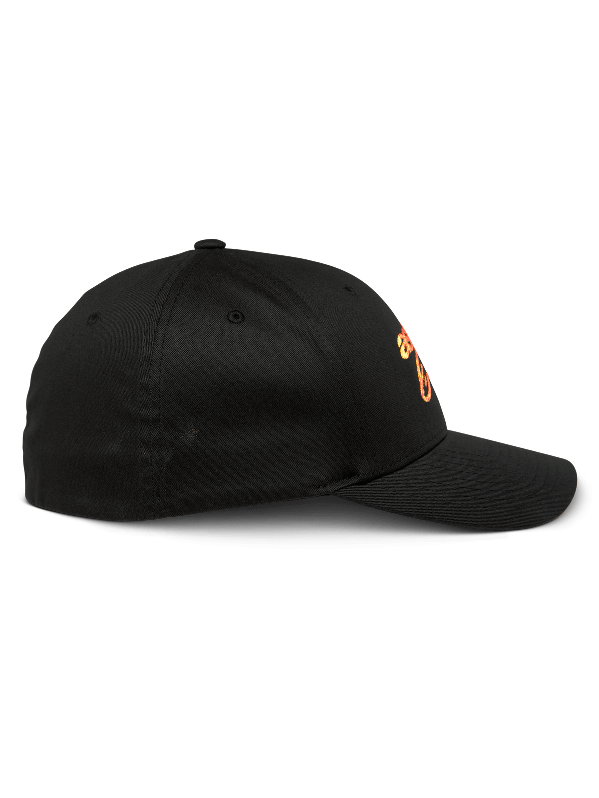 Alpinestars Setting Mütze, schwarze Baseball-Cap, Seitenprofilansicht mit gebogenem Schirm und strukturierter Krone, mit orangefarbener Logo-Verlaufstickerei, lässige Sportbekleidung