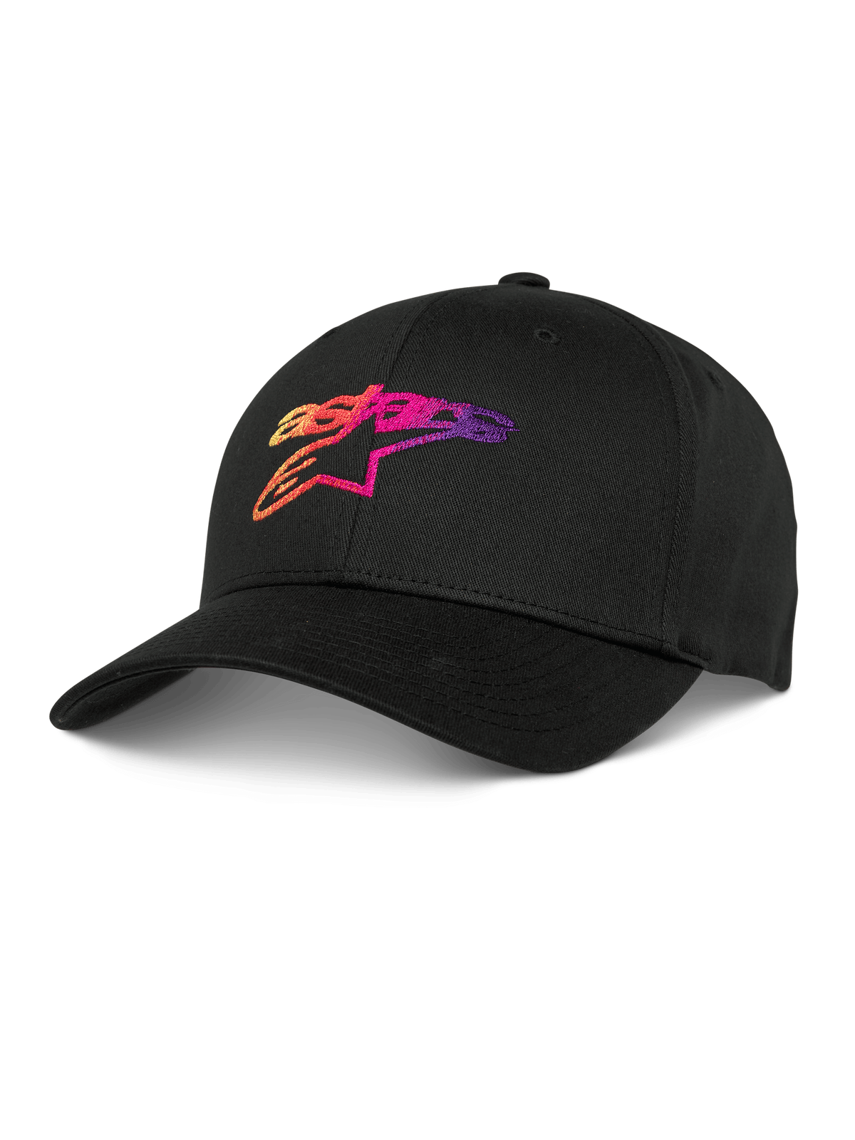 Alpinestars Setting Hat, schwarze Baseball-Kappe mit besticktem 3D-Logo mit Farbverlauf in Orange, Pink und Lila, gebogener Schirm, strukturierte Krone, lässige Lifestyle-Kopfbedeckung.