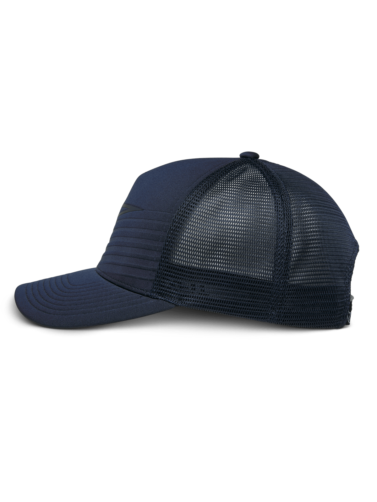 Alpinestars Delane Mütze, Marineblau, Seitenprofil einer strukturierten Kappe im Baseball-Stil mit gebogenem Schirm, Hybrid-Jersey-Vorderseite mit horizontalen Nähten und Diamond-Mesh-Rückseite, lässige Performance-Sportbekleidung.