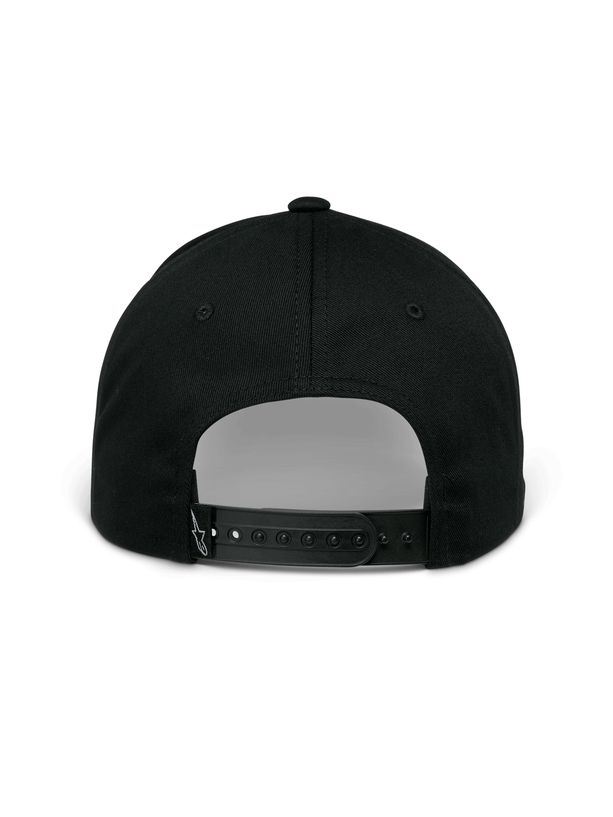Alpinestars Profile Kappe, Schwarz, Rückansicht mit verstellbarem Snapback-Verschluss, strukturierter Krone und kleinem weißem Sticklogo auf der Rückseite, lässige Sportbekleidung