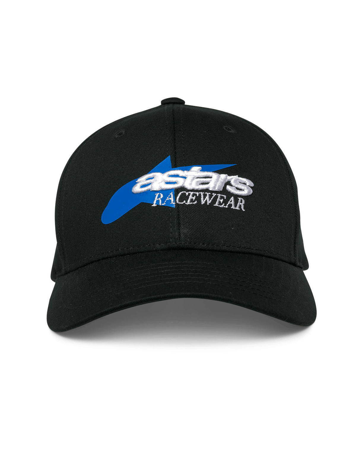 Alpinestars Profile Kappe, schwarze Baseball-Kappe, mit blauer Sterngrafik und weißem 3D-gesticktem „astars RACEWEAR“-Logo, strukturierte Krone und gebogener Schirm, lässige Motorsport-Kopfbedeckung