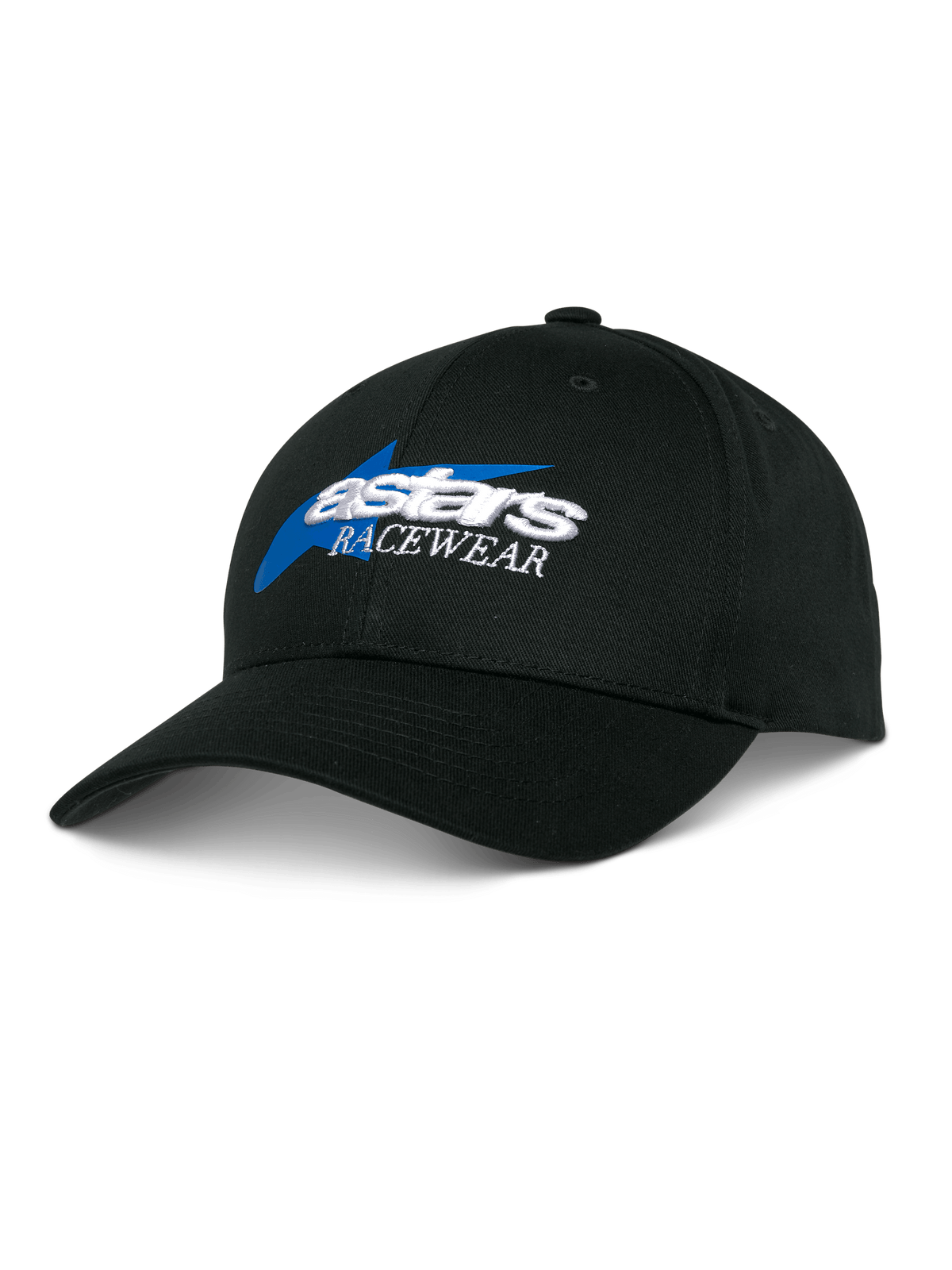 Alpinestars Profile Kappe, schwarze Baseball-Kappe, blau-weiße Astars Racewear Stickerei, strukturierte Krone mit gebogenem Schirm, lässige Motorsport-Kopfbedeckung