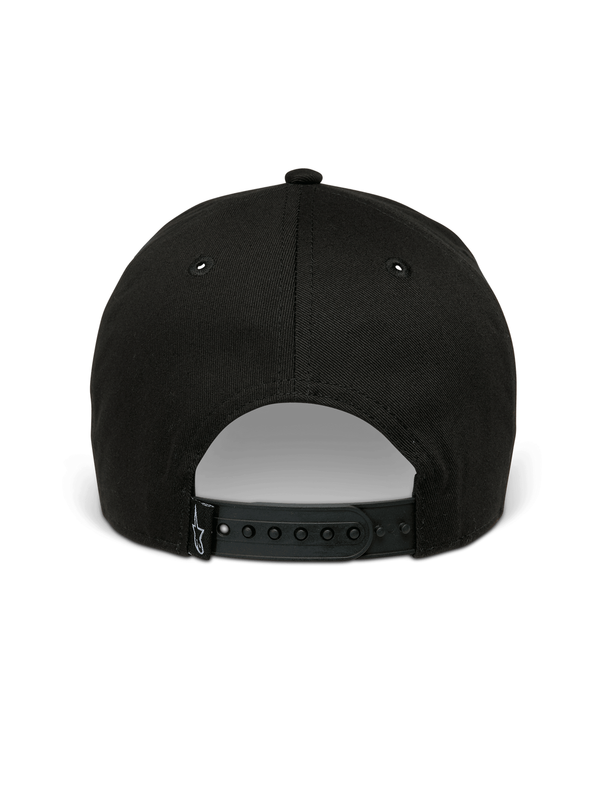 Alpinestars Metal Logo Mütze, Snapback-Mütze, Schwarz, Rückansicht mit verstellbarem Snapback-Verschluss und kleinem gewebten Logo-Etikett, lässige vom Motorsport inspirierte Streetwear