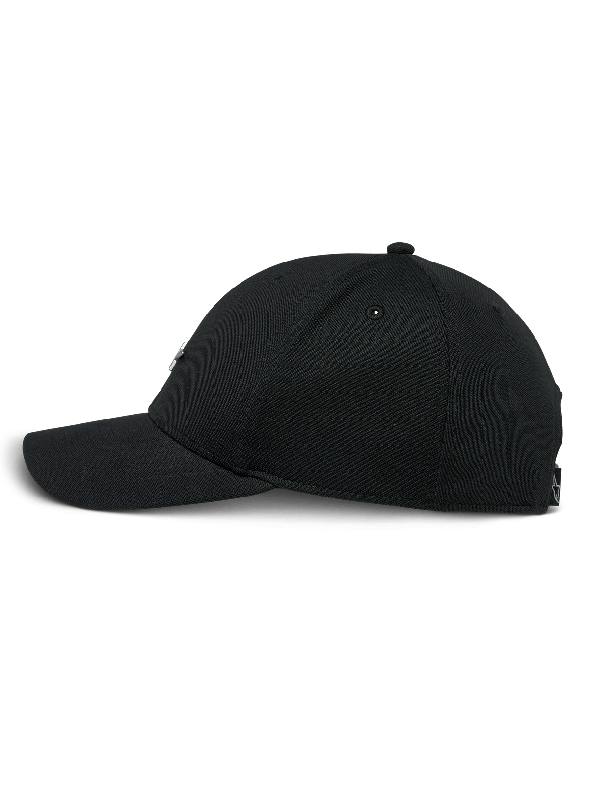 Alpinestars Metal Logo Hat, schwarze Snapback-Kappe, Seitenansicht, gebogener Schirm mit strukturierter Krone, Mini-Piqué-Stoff, lässige vom Motorsport inspirierte Streetwear